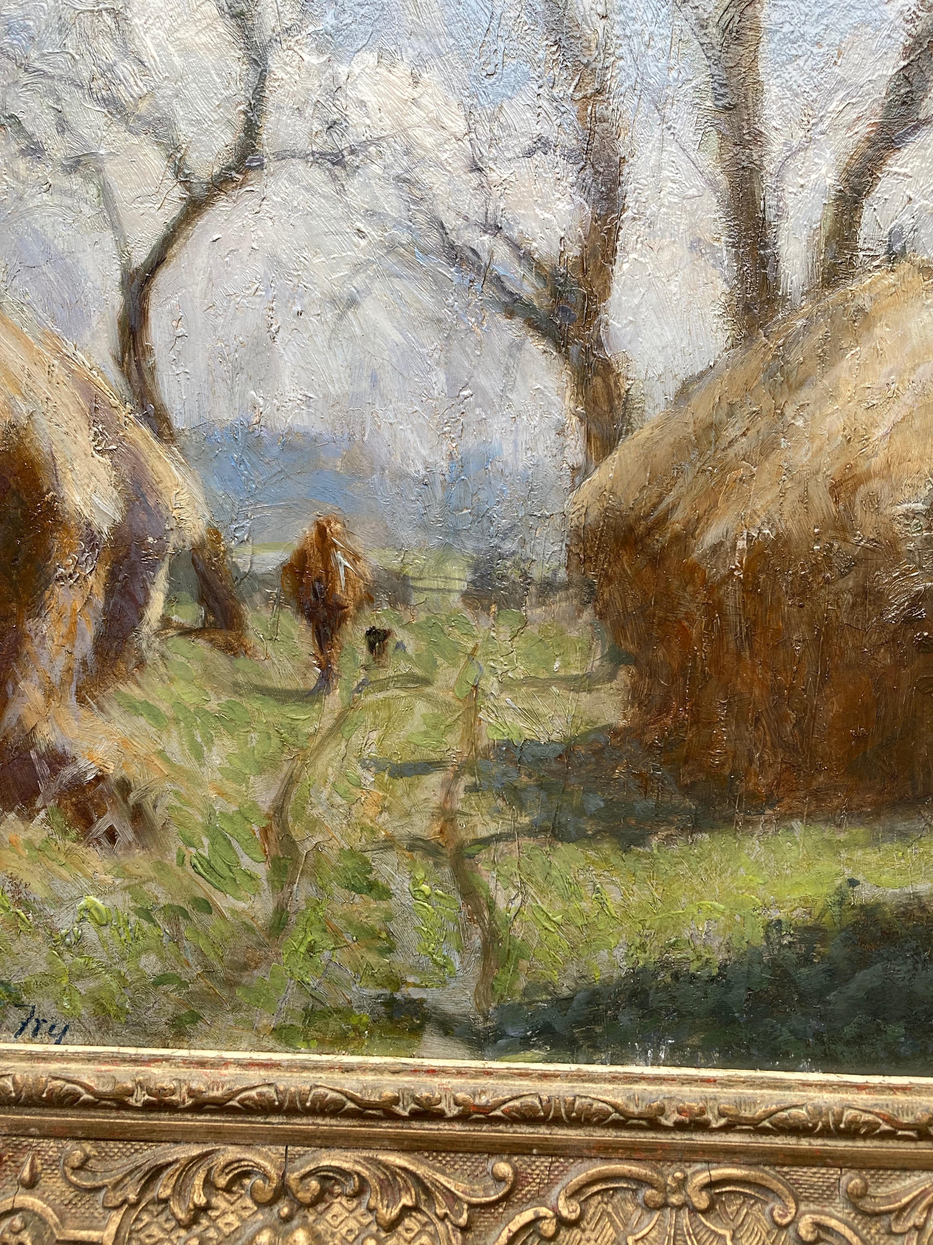 Lewis George Fry, Impressionist scene of A figure and haystacks For Sale 5