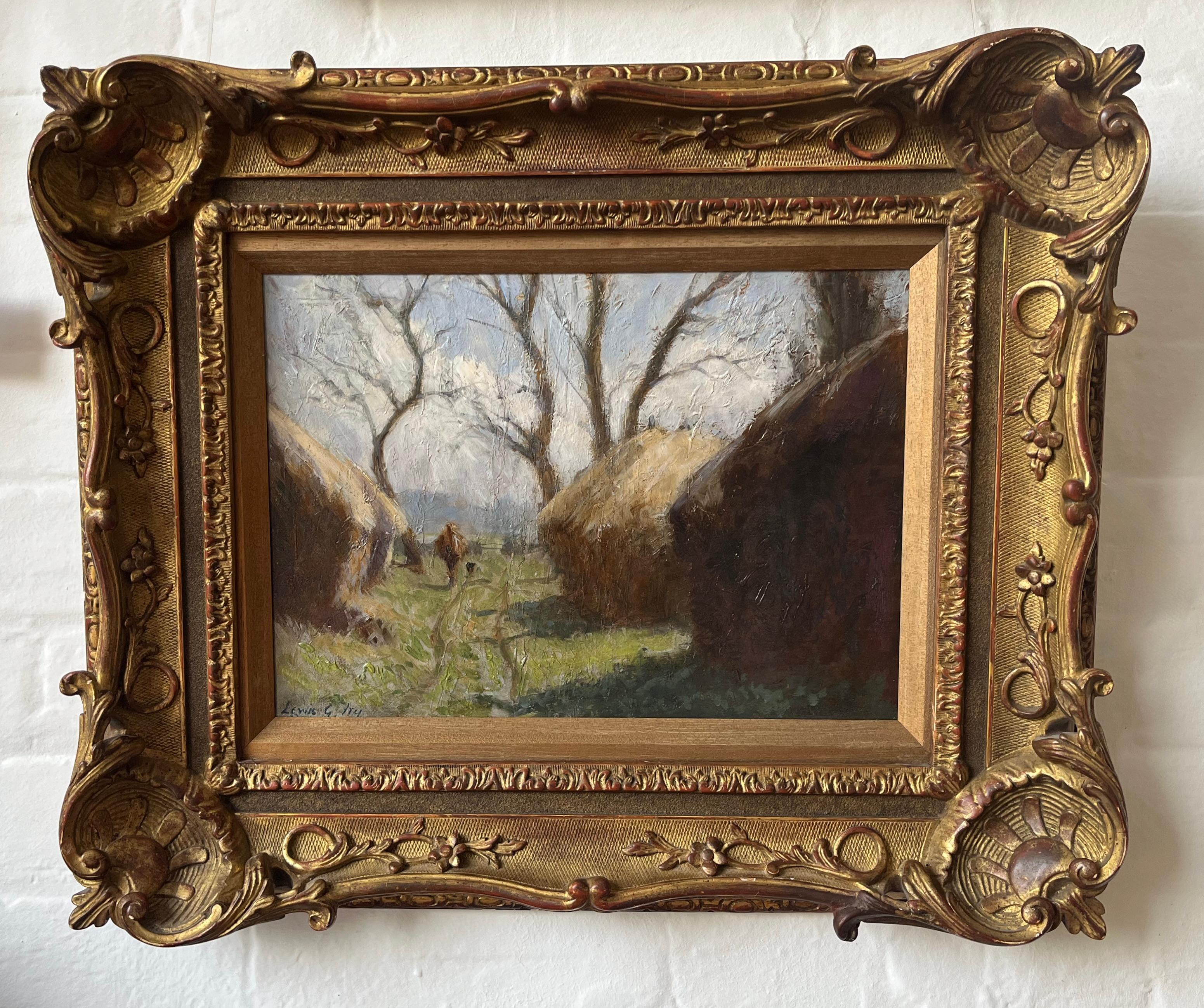 Lewis George Fry, Impressionist scene of A figure and haystacks 7