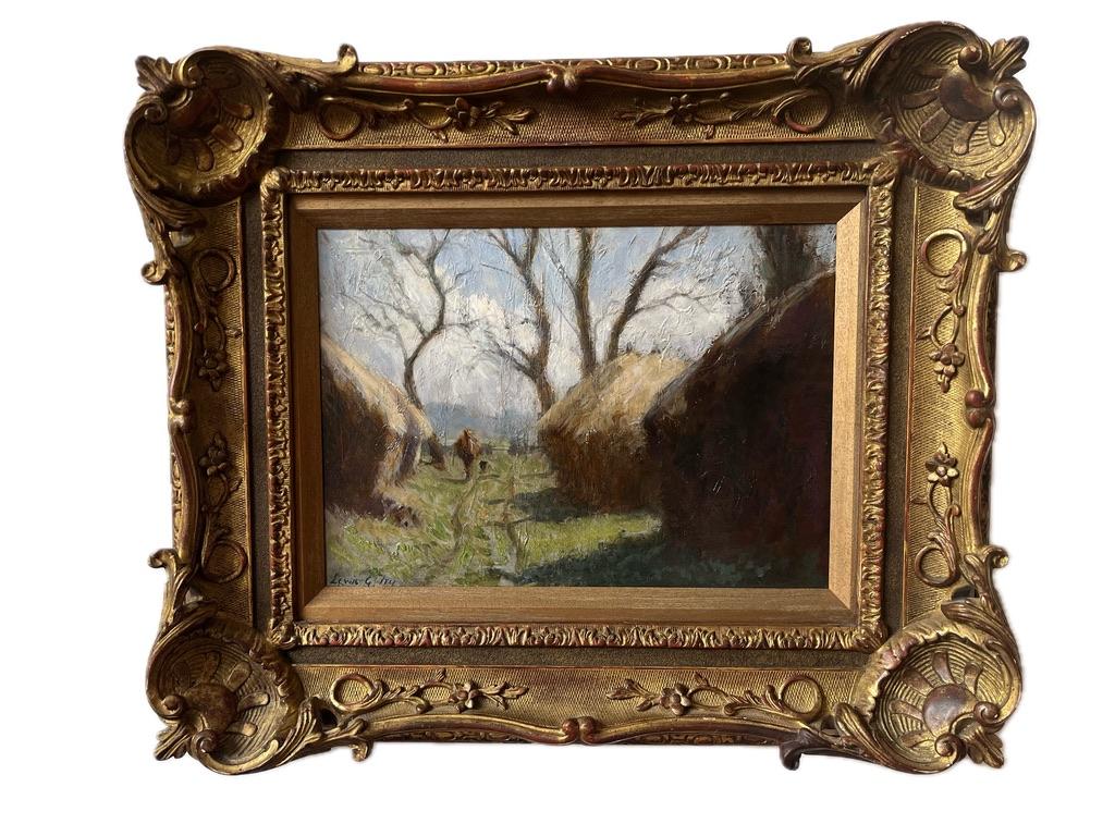 A wonderfully atmospheric view of a harvest scene painted in a most attractive impressionistic style.

Lewis George Fry (1860-1933)
A figure walking by haystacks, Limpsfield
Signed
Oil on panel
9¾ x 14 inches

Lewis George Fry was a landscape