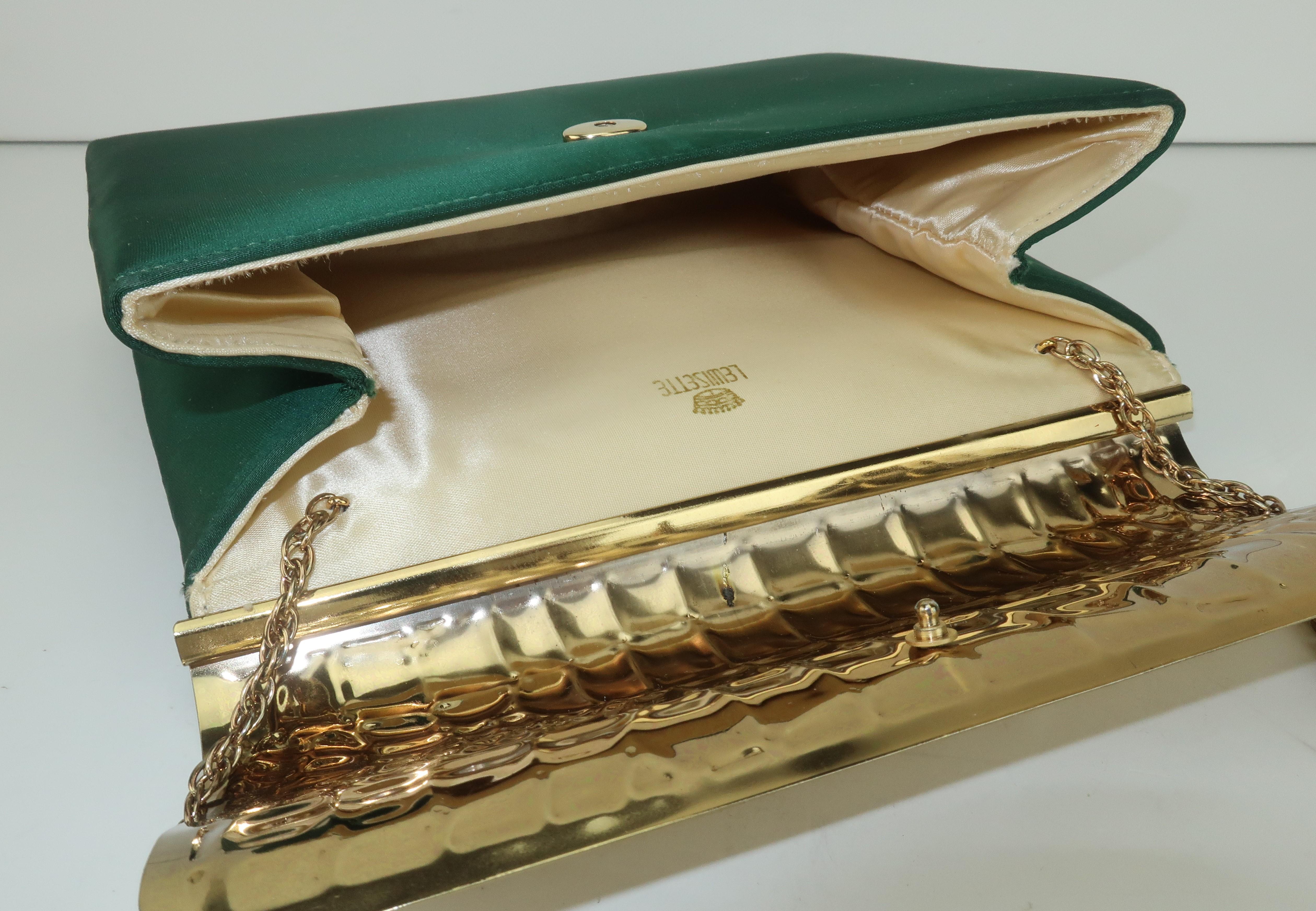 Lewis Green Satin & Gold Metal Alligator Embossed Handbag, 1970's 4