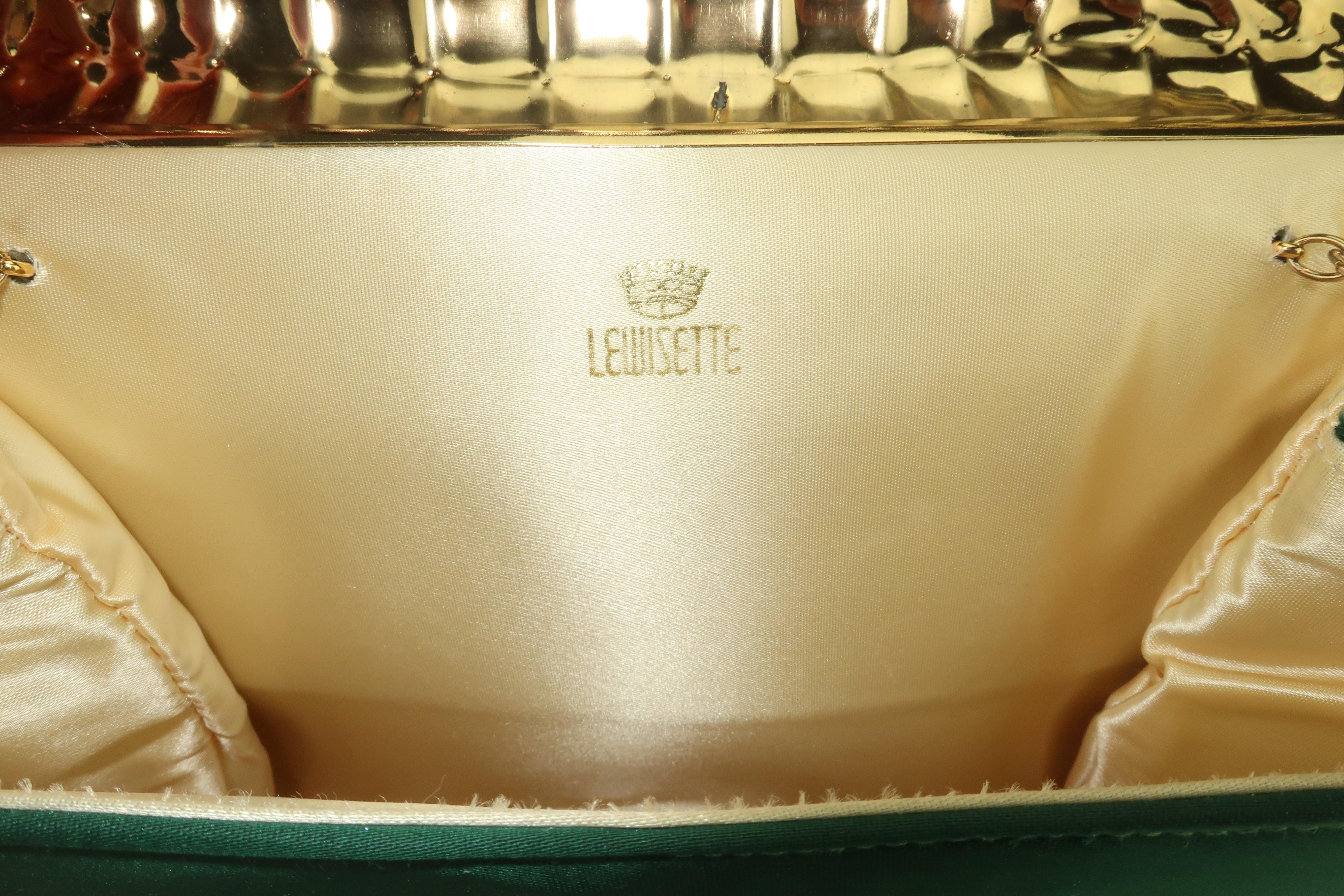 Lewis Green Satin & Gold Metal Alligator Embossed Handbag, 1970's 5