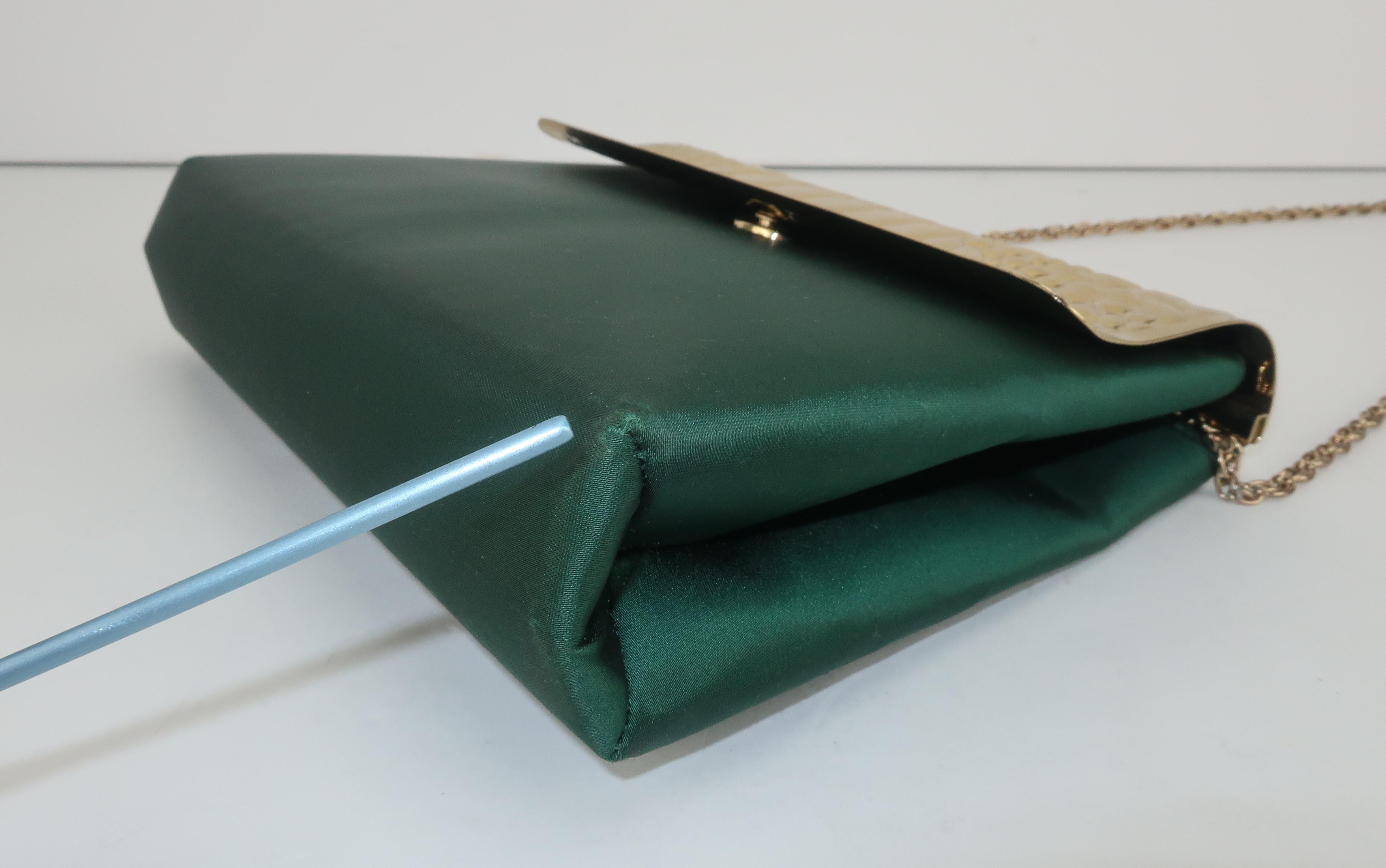 Lewis Green Satin & Gold Metal Alligator Embossed Handbag, 1970's 6