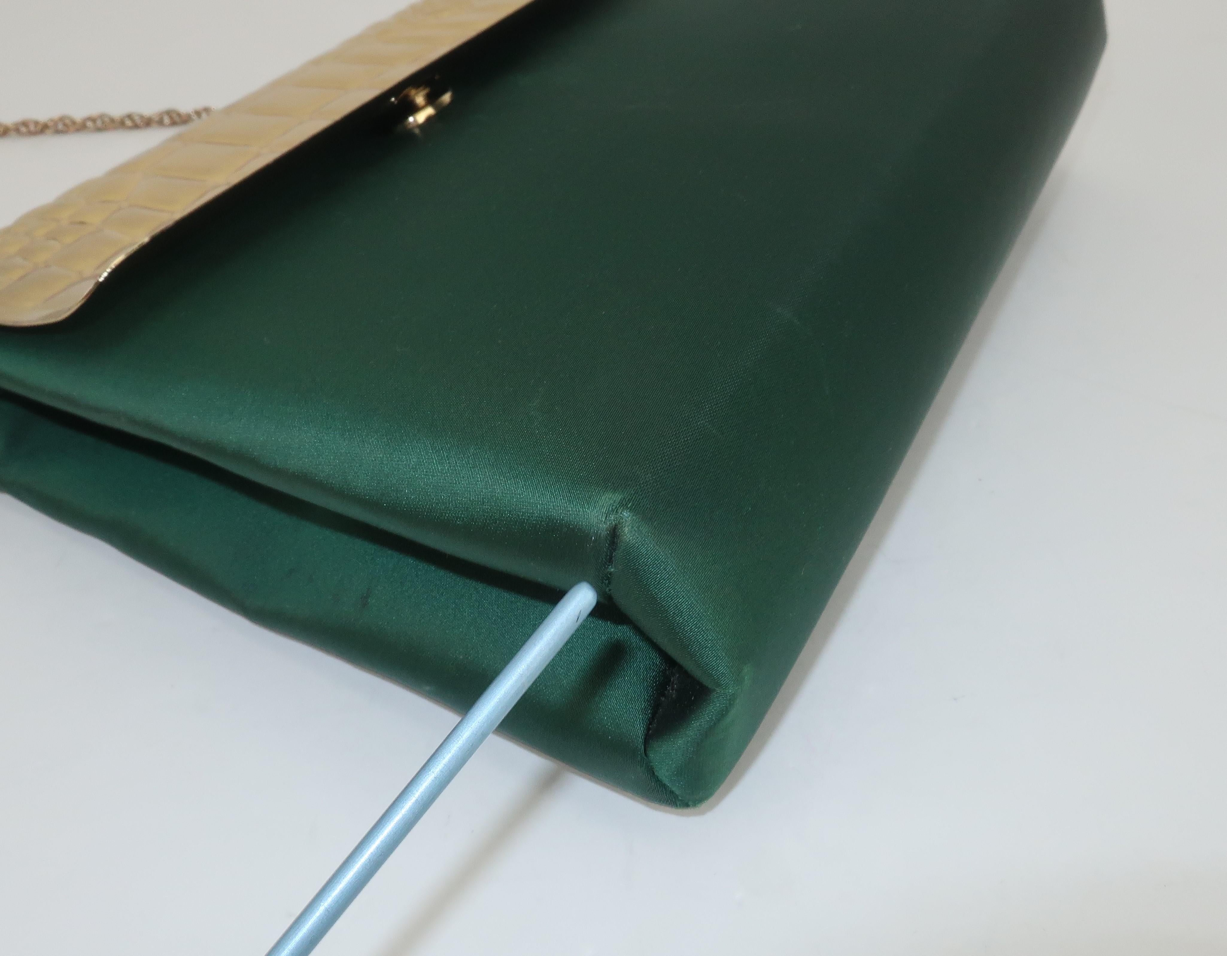 Lewis Green Satin & Gold Metal Alligator Embossed Handbag, 1970's 7