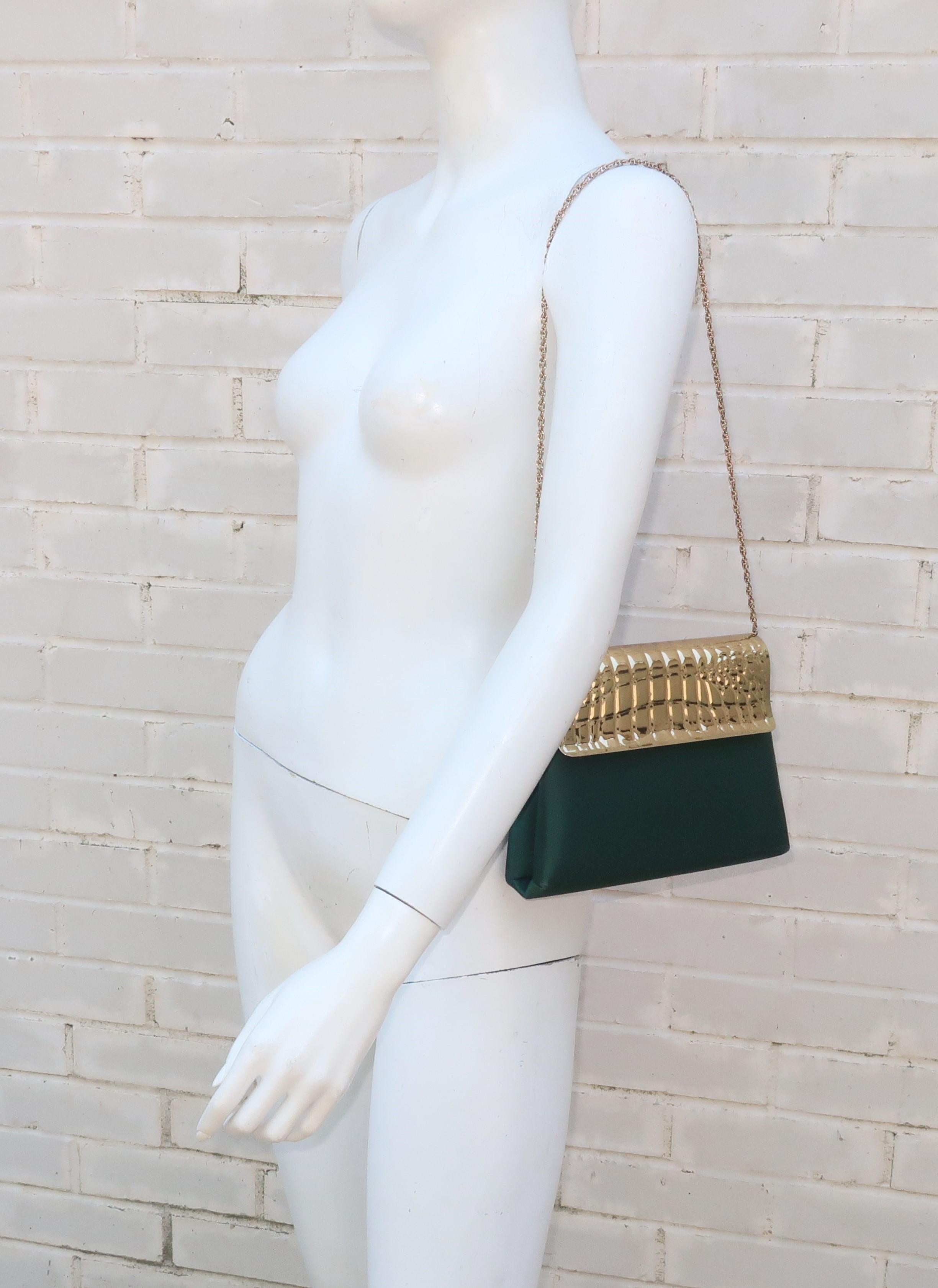Lewis Green Satin & Gold Metal Alligator Embossed Handbag, 1970's 8