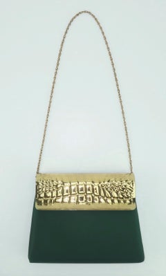 Lewis Green Satin & Gold Metal Alligator Embossed Handbag, 1970's