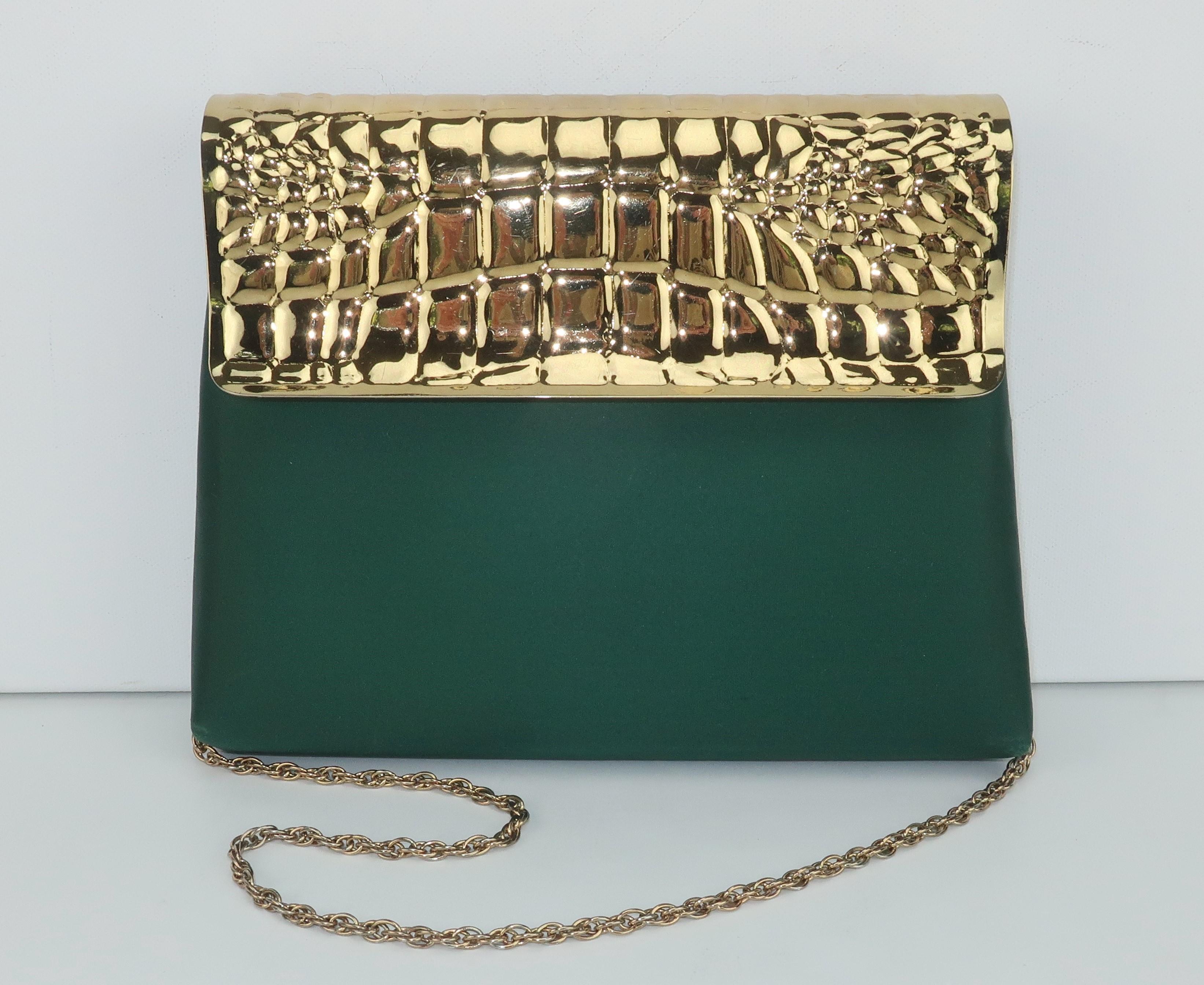 Black Lewis Green Satin & Gold Metal Alligator Embossed Handbag, 1970's