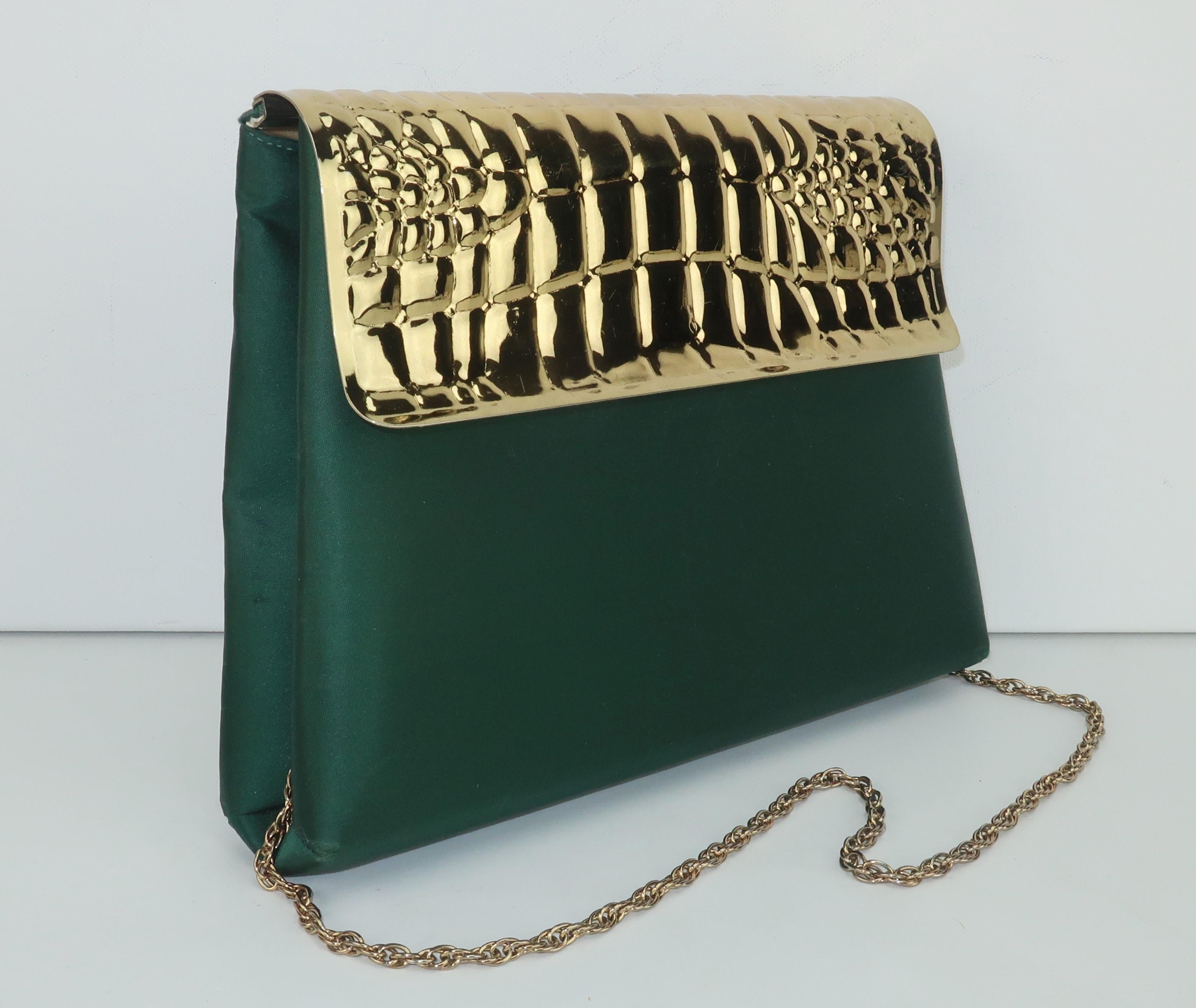 Lewis Green Satin & Gold Metal Alligator Embossed Handbag, 1970's In Good Condition In Atlanta, GA
