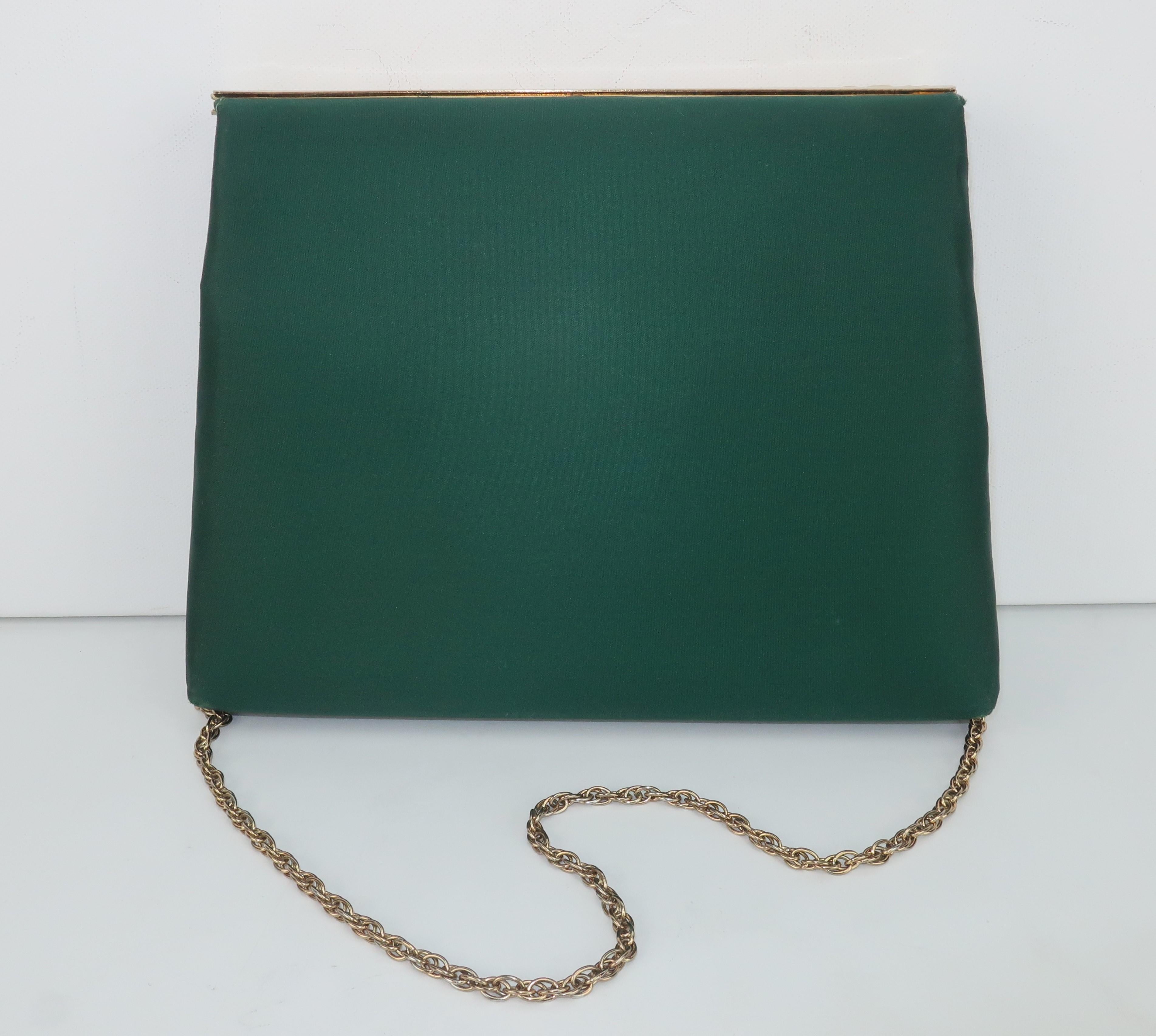 Women's Lewis Green Satin & Gold Metal Alligator Embossed Handbag, 1970's