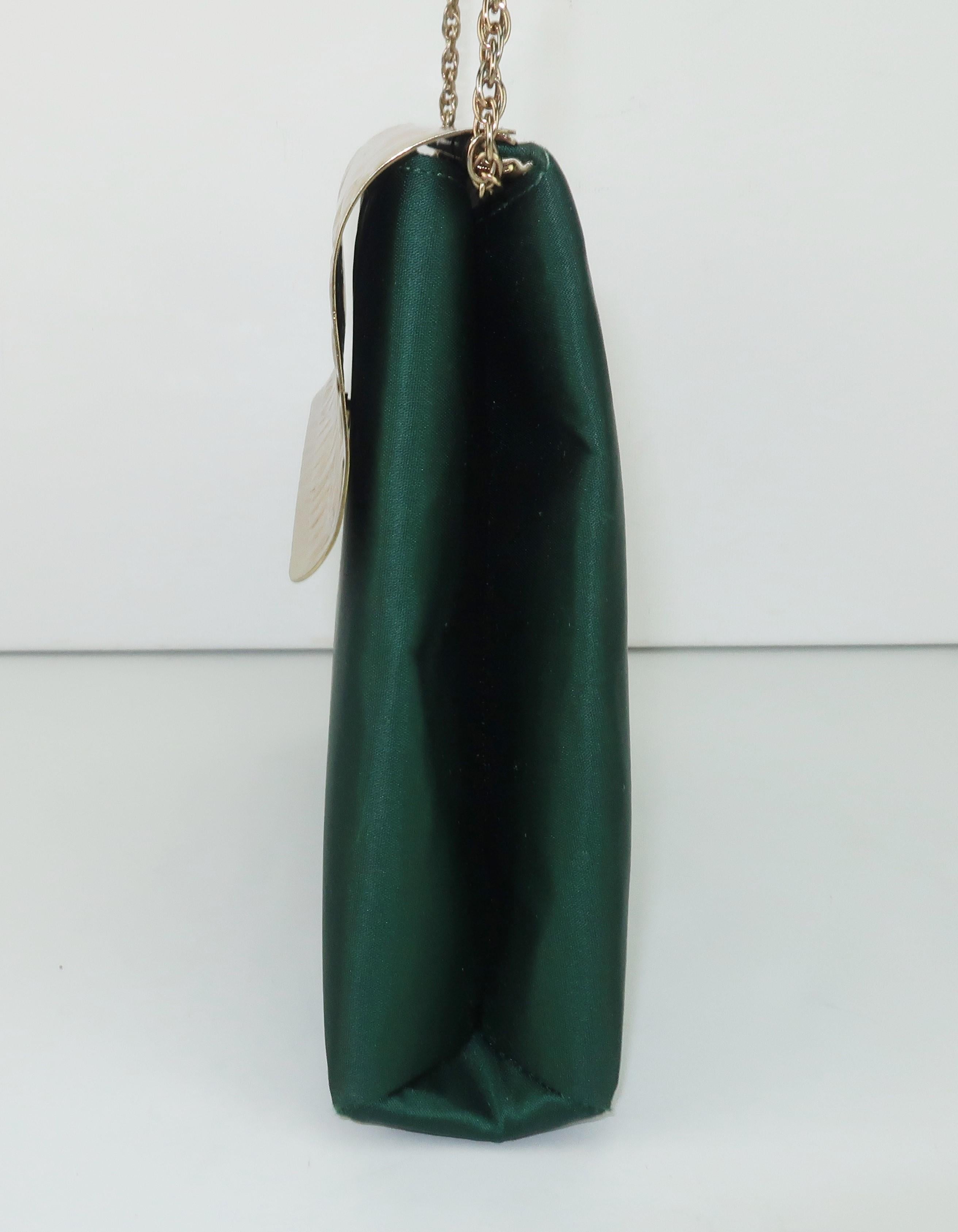 Lewis Green Satin & Gold Metal Alligator Embossed Handbag, 1970's 1