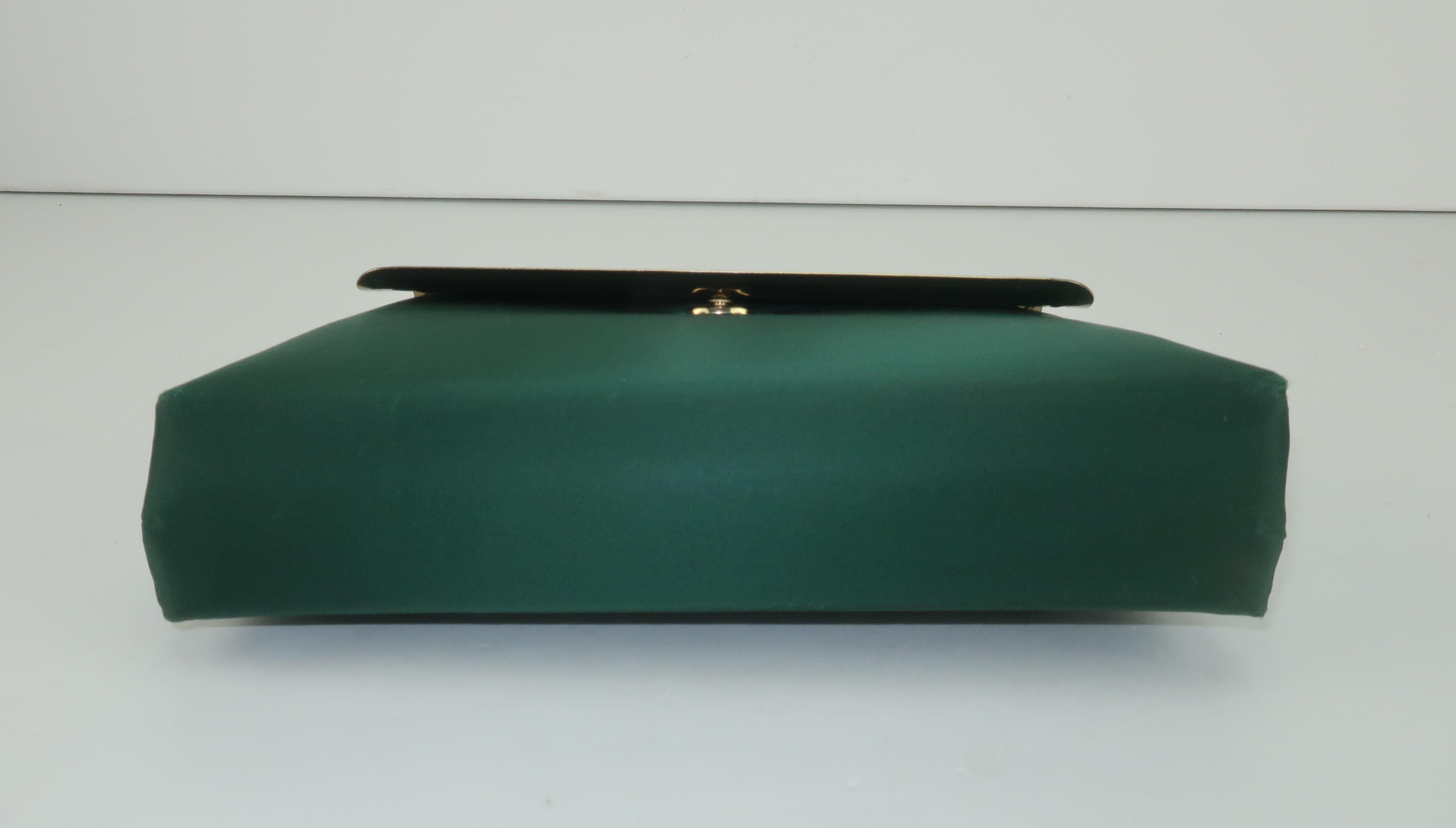 Lewis Green Satin & Gold Metal Alligator Embossed Handbag, 1970's 2