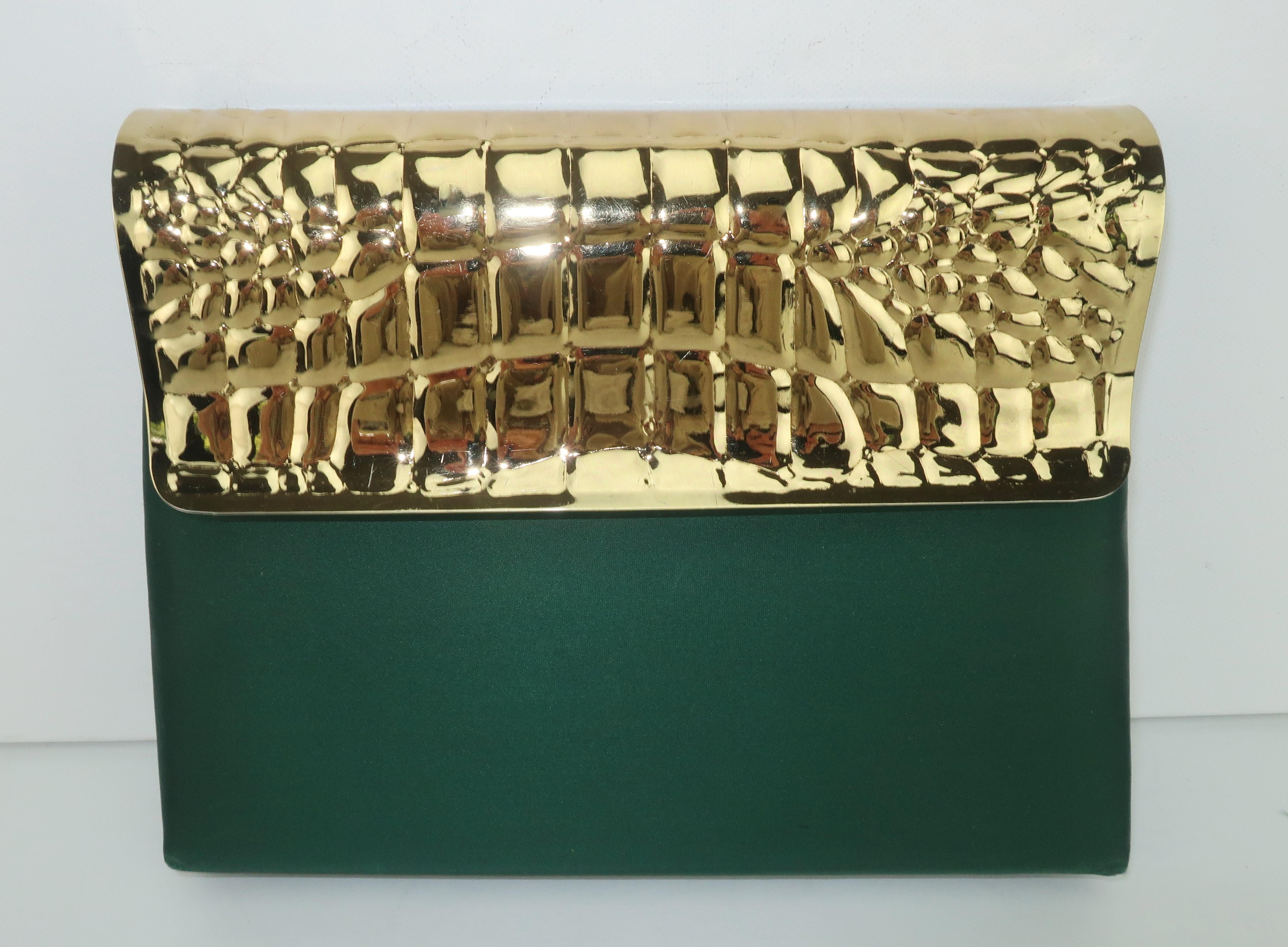 Lewis Green Satin & Gold Metal Alligator Embossed Handbag, 1970's 3