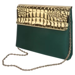 Lewis Green Satin & Gold Metal Alligator Embossed Handbag, 1970's