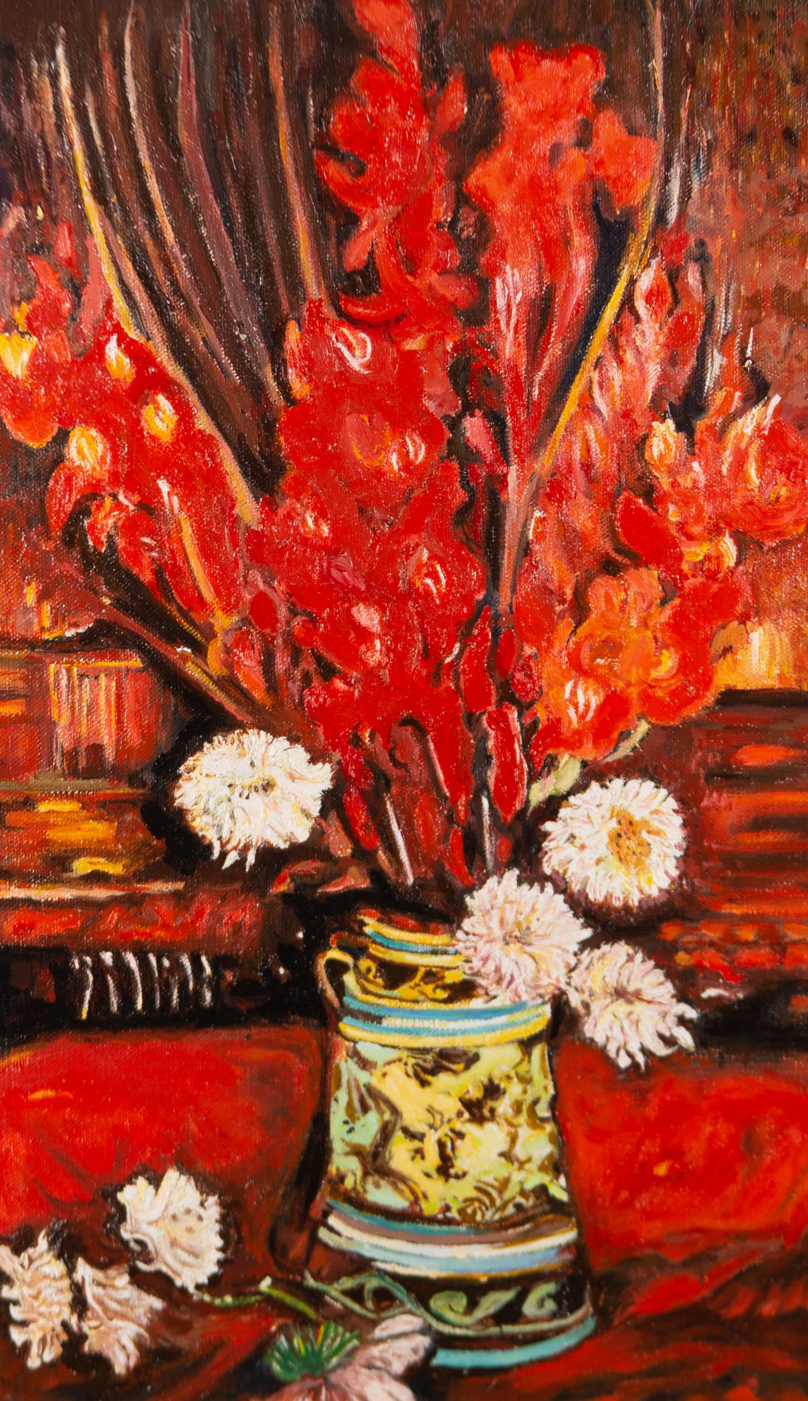 Still-Life Painting Lewis MacLeod After Van Gough - Lewis MacLeod d'après Van Gough - 2003 Huile, vase avec Gladioli rouge