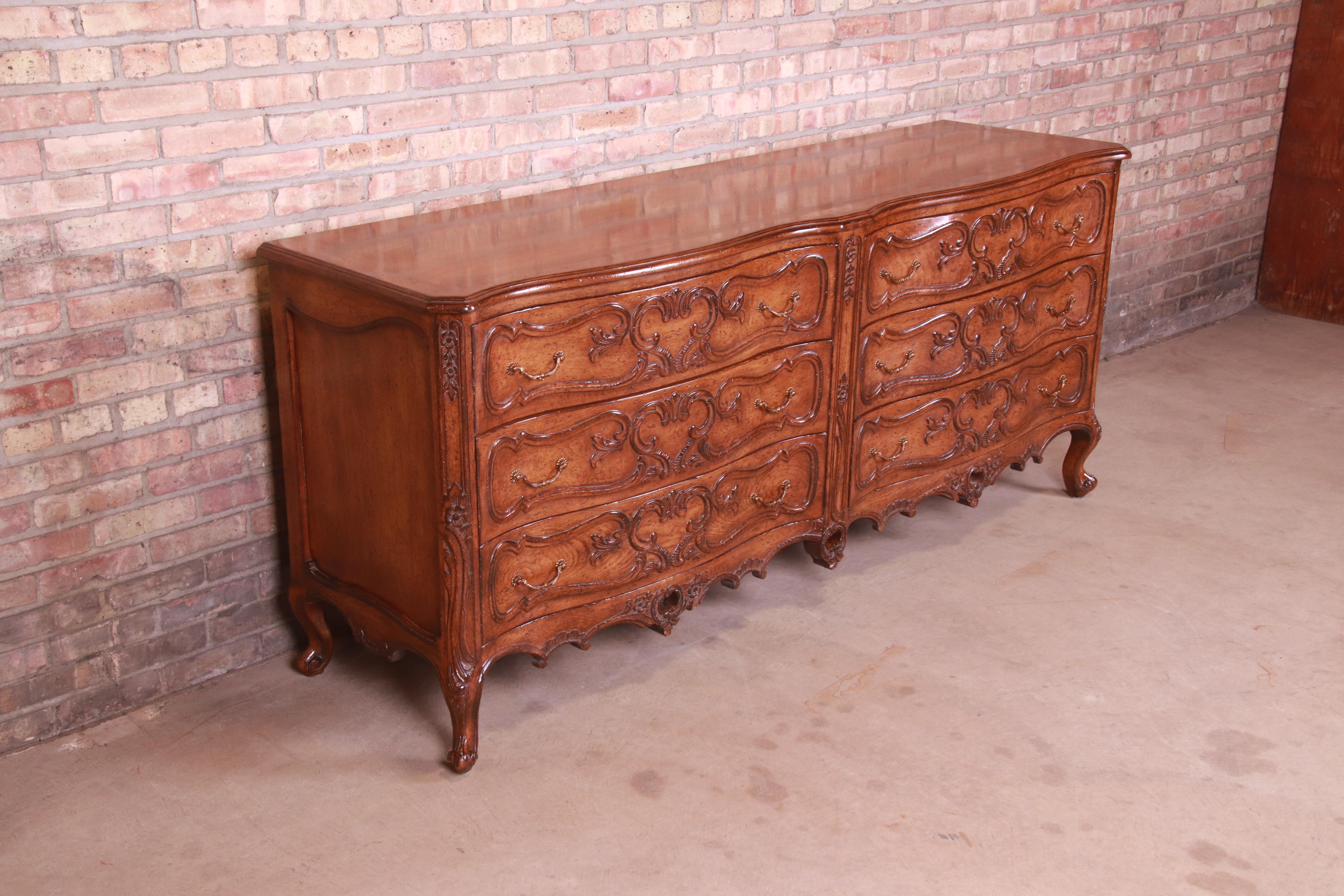 Brass Lewis Mittman French Provincial Louis XV Carved Walnut Double Dresser