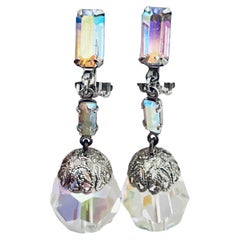 LEWIS SEGAL Vintage silver ab crystal dangle designer runway clip on earrings