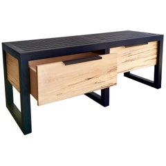 Lewis Slat Bench Midcentury Style with Drawers, Ebonized Oak and Spalted Maple