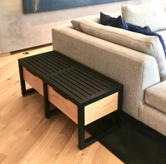 Lewis Slat Bench Midcentury Style with Drawers, Ebonized Oak and Spalted Maple