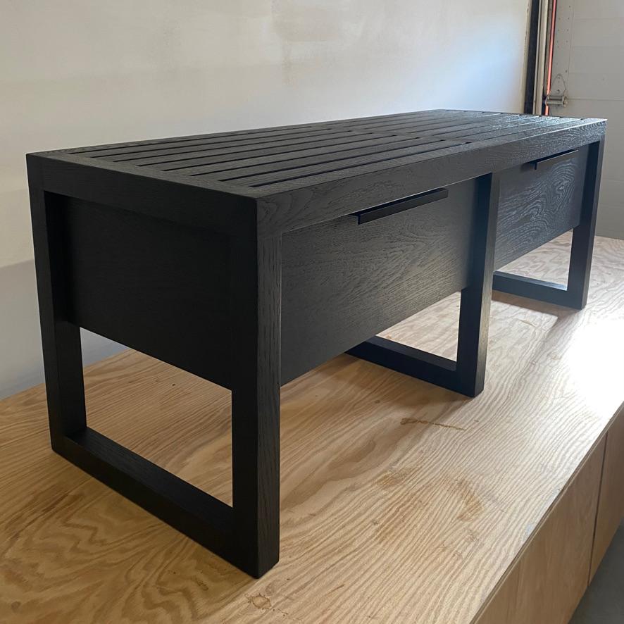 Blackened Lewis Slat Bench Midcentury Style with Drawers, Ebonized Oak and Spalted Maple For Sale