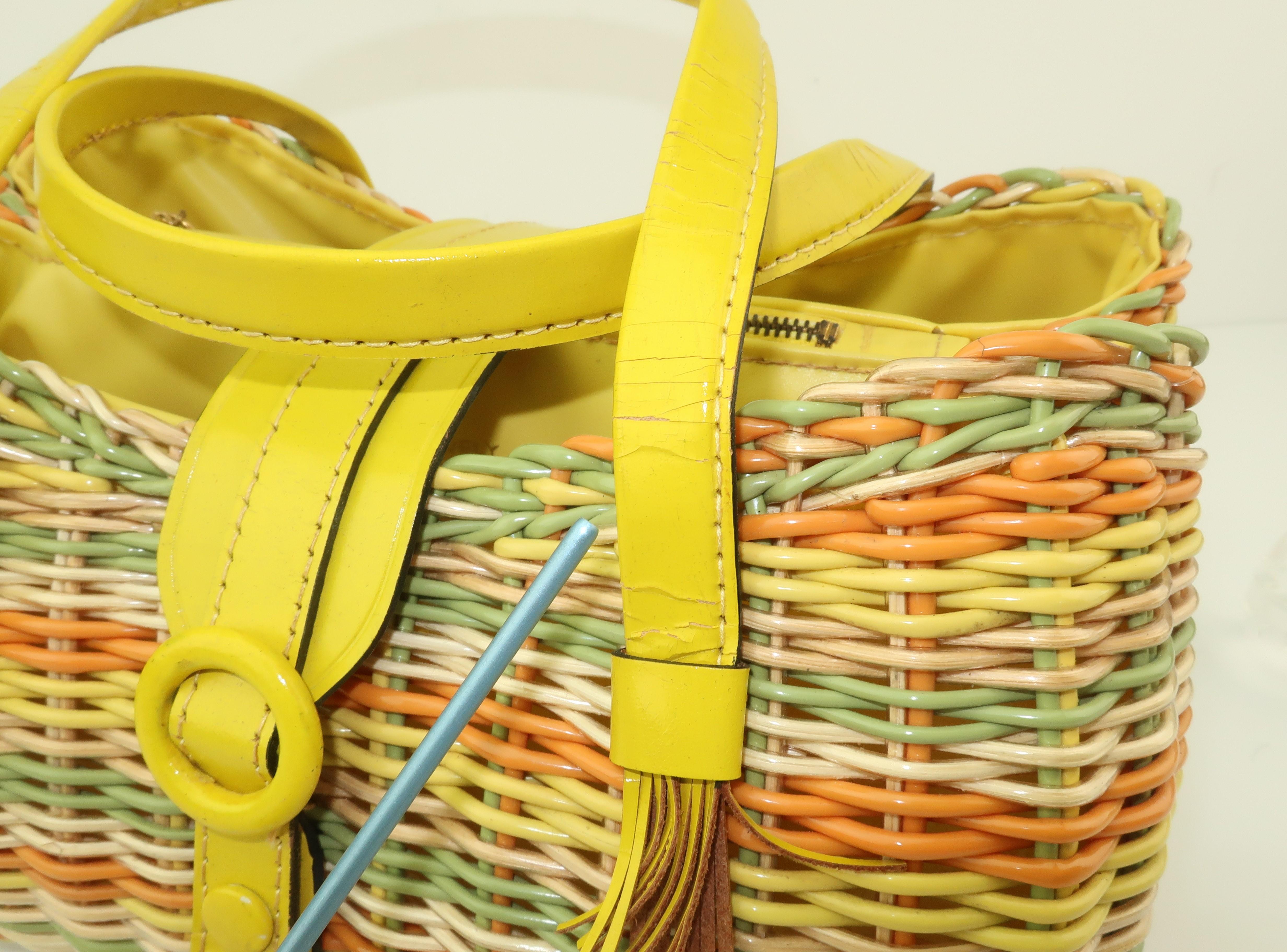 Lewis Straw & Yellow Leather Basket Handbag, 1960's 5