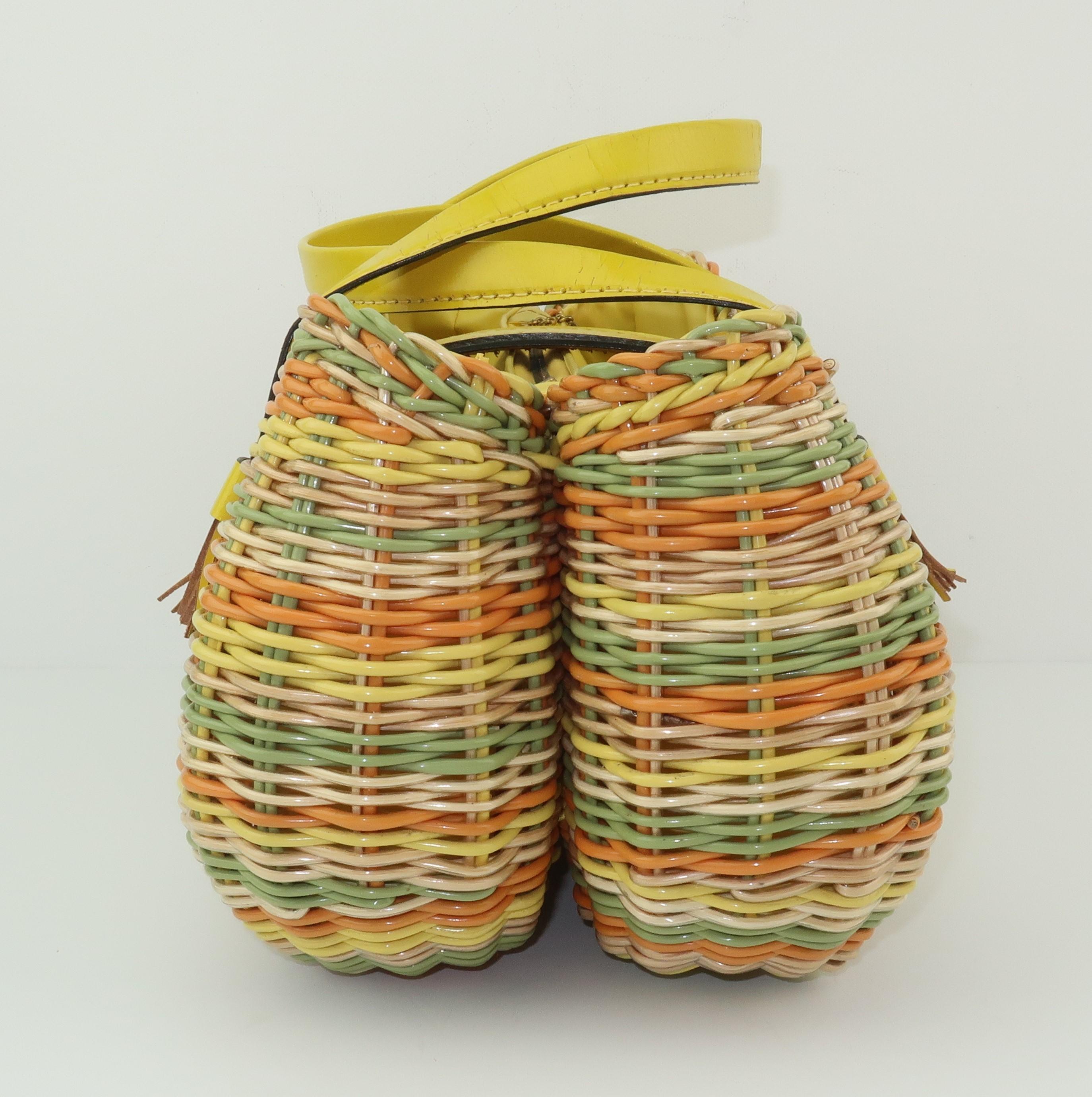 Lewis Straw & Yellow Leather Basket Handbag, 1960's In Good Condition In Atlanta, GA