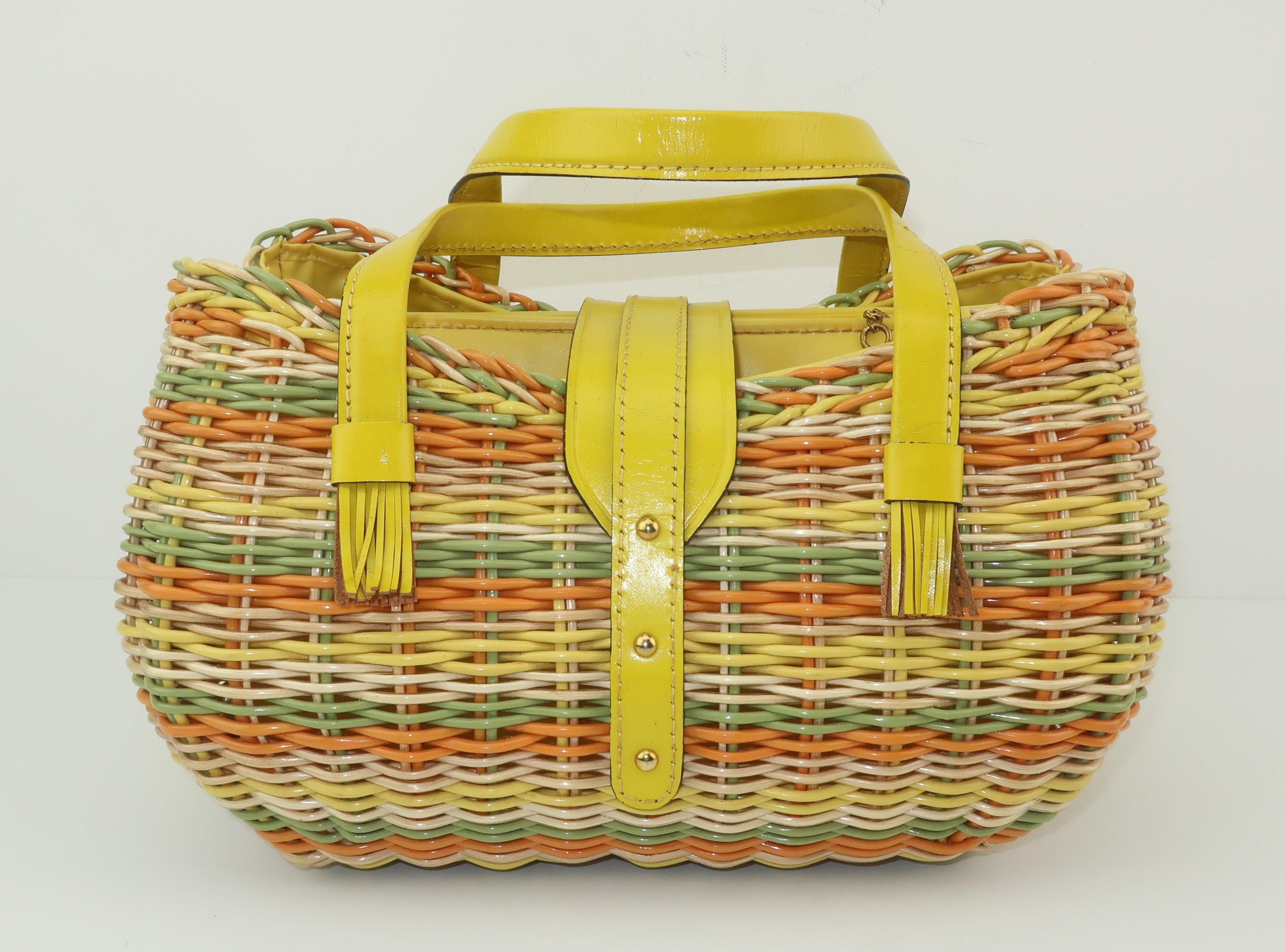 Women's Lewis Straw & Yellow Leather Basket Handbag, 1960's