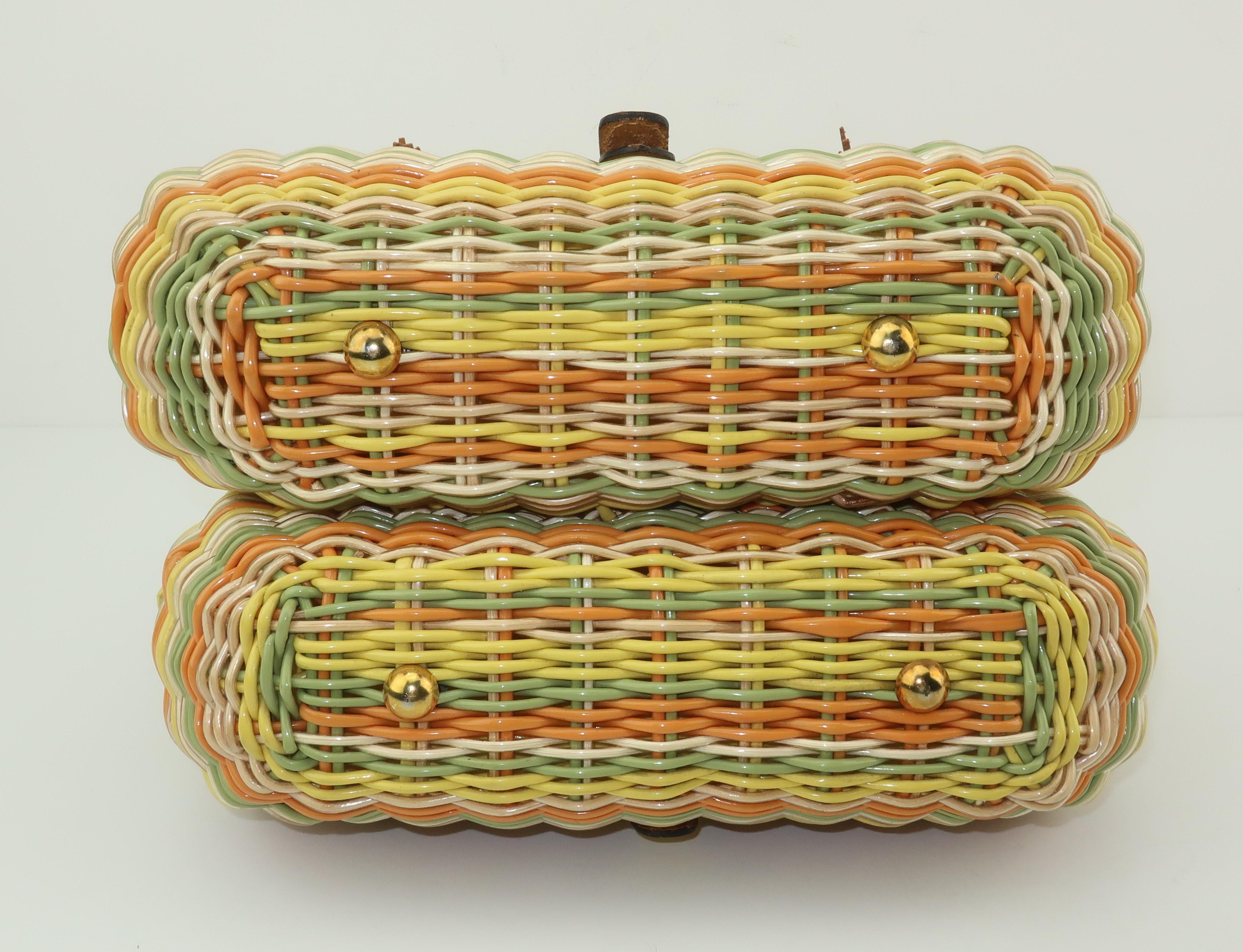 Lewis Straw & Yellow Leather Basket Handbag, 1960's 1