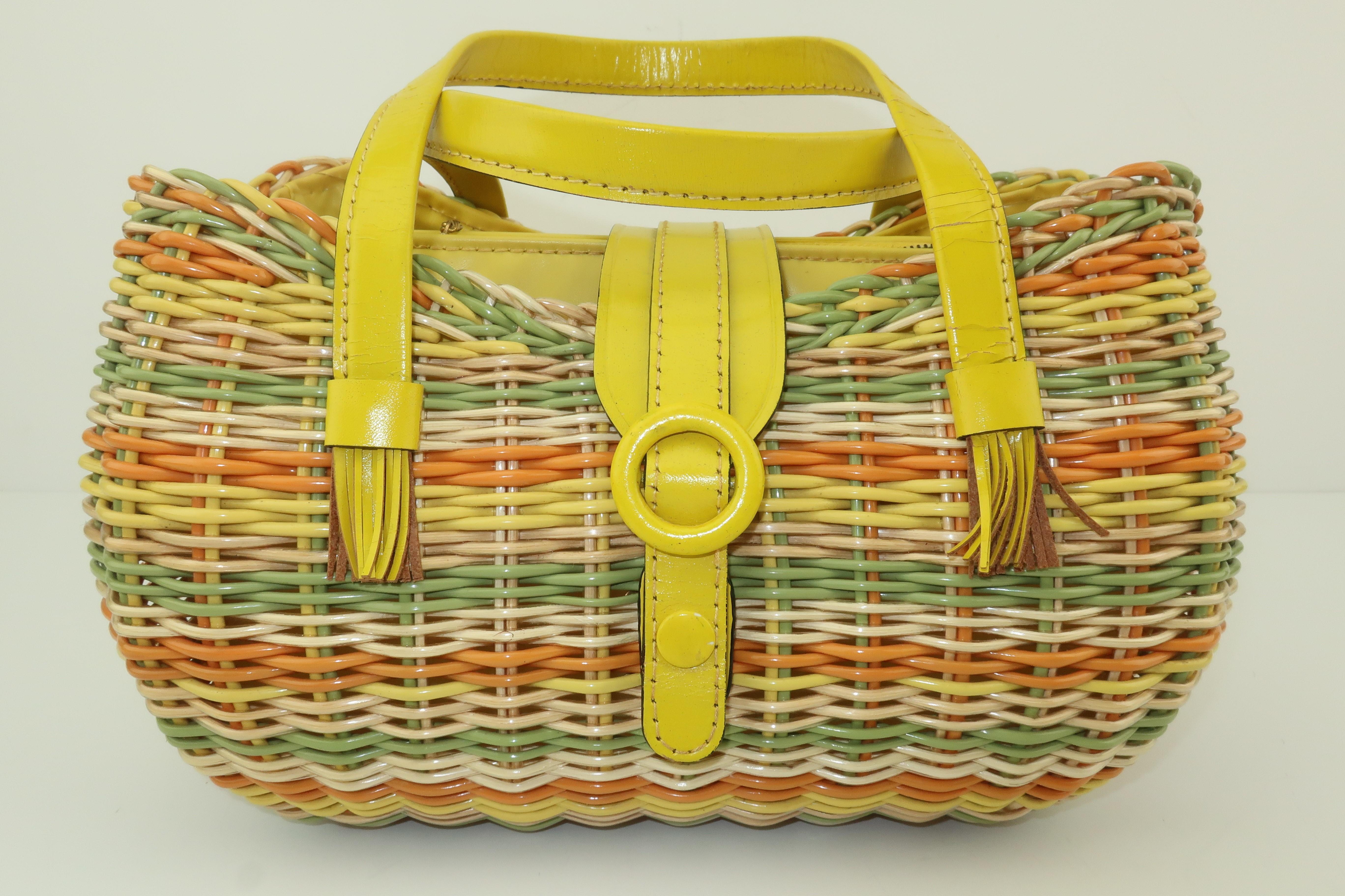 Lewis Straw & Yellow Leather Basket Handbag, 1960's 2