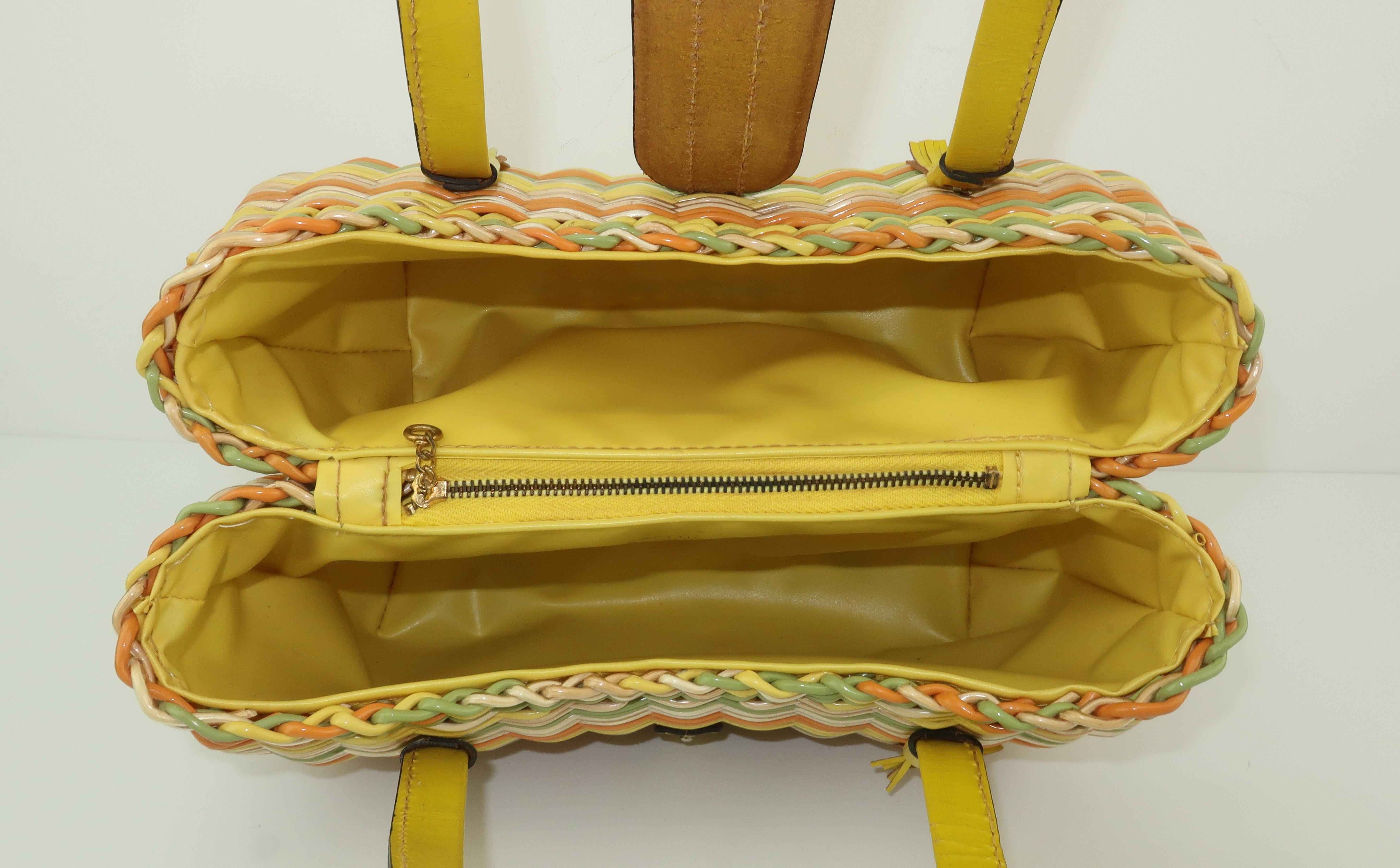 Lewis Straw & Yellow Leather Basket Handbag, 1960's 3