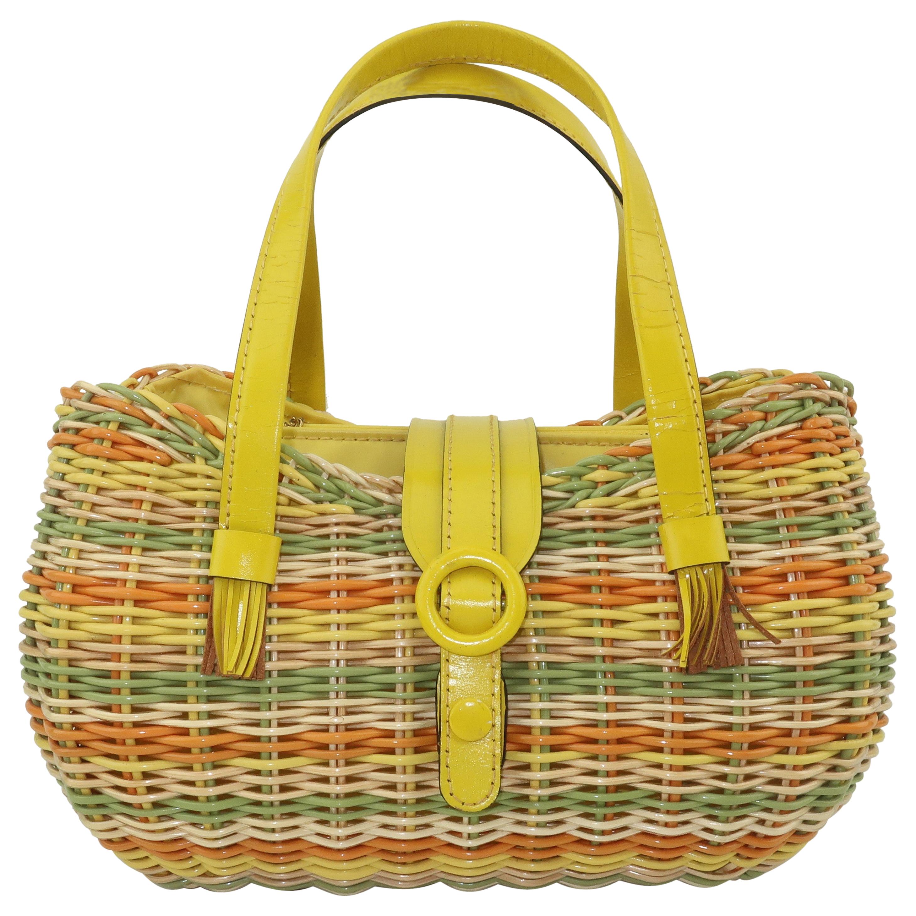 Lewis Straw & Yellow Leather Basket Handbag, 1960's
