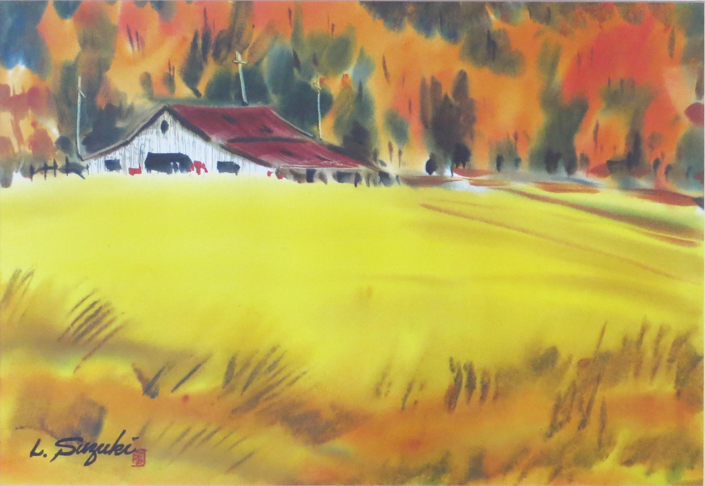 Paisaje otoñal con granero - Painting de Lewis Suzuki