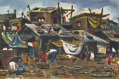 Aquarelle d'origine de Lewis Suzuki «quatters in Manila », C.1960