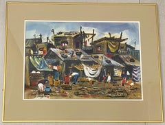 Aquarelle d'origine de Lewis Suzuki «quatters in Manila », C.1960