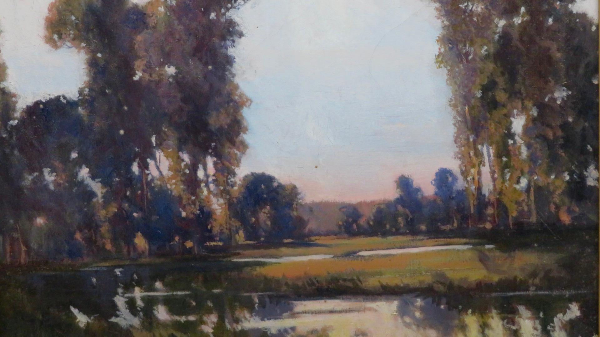 Lewis Taylor Gibb (1873-1945) Pintura al óleo grande inglesa PAISAJE DEL ATARDECER en venta 2