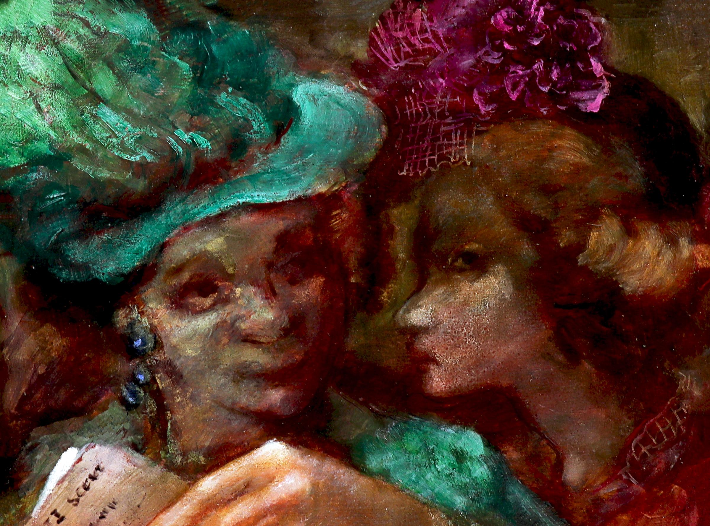 Opera Matinee, 1940s Portrait of Two Women in Colorful Hats, Brown, Pink, Green - Painting by Lewis Tilley