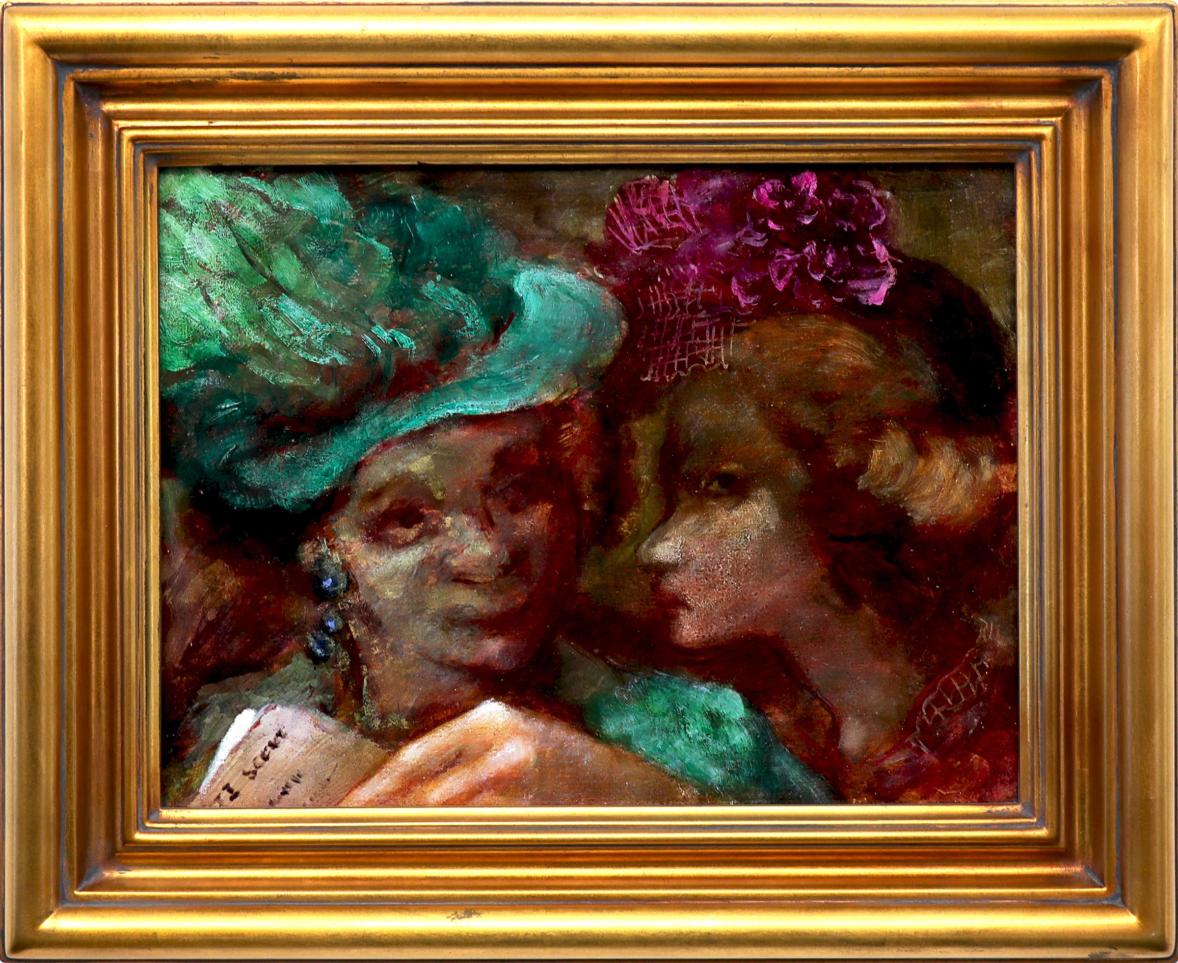 Opera Matinee, 1940s Portrait of Two Women in Colorful Hats, Brown, Pink, Green