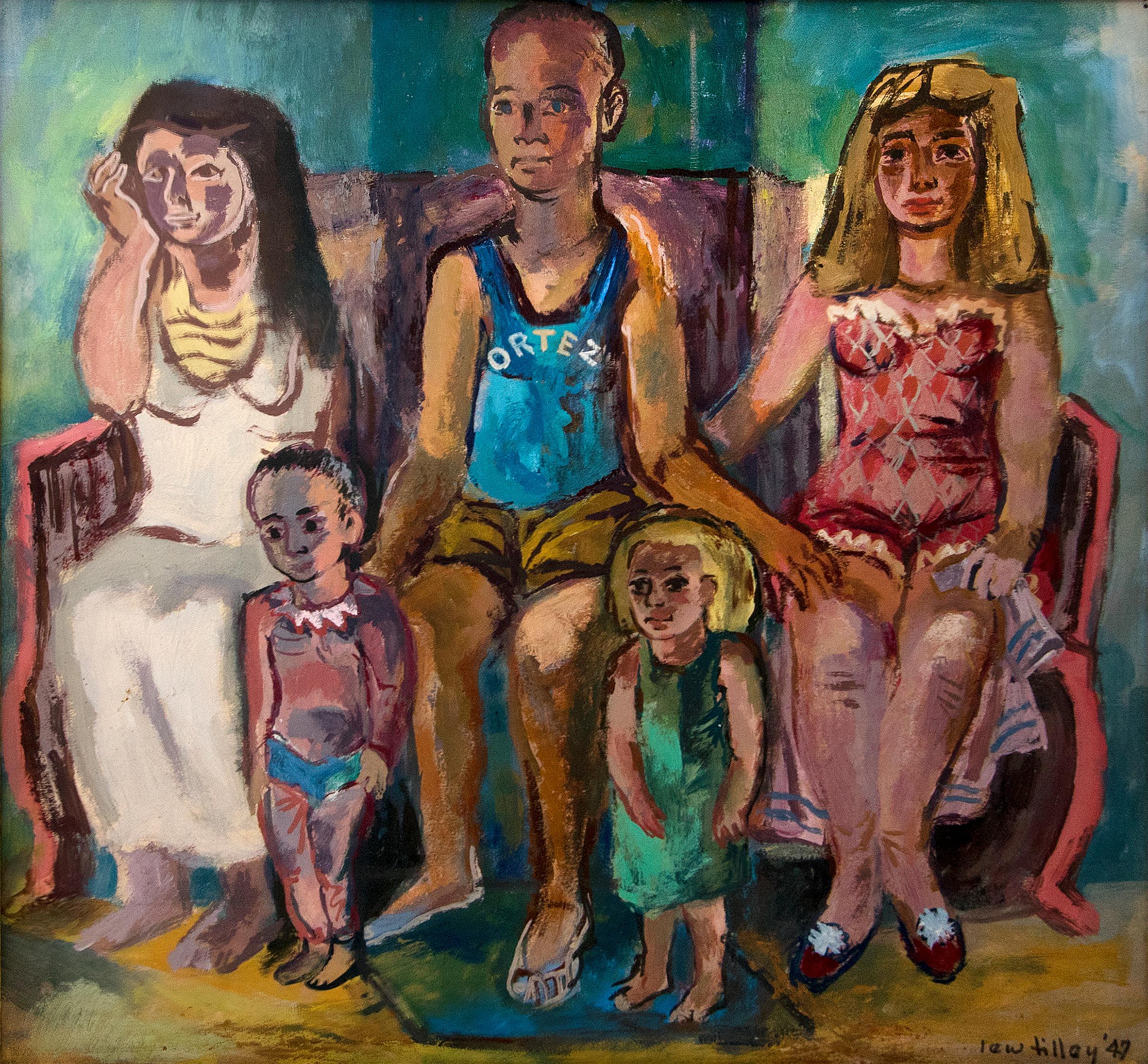 Ritratto di famiglia modernista Ortez - Scena d'interni astratta del 1940 con 5 figure - Painting di Lewis Tilley
