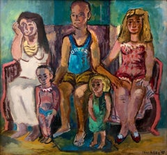Retrato de familia modernista Ortez - Años 40 Escena interior abstracta con 5 figuras