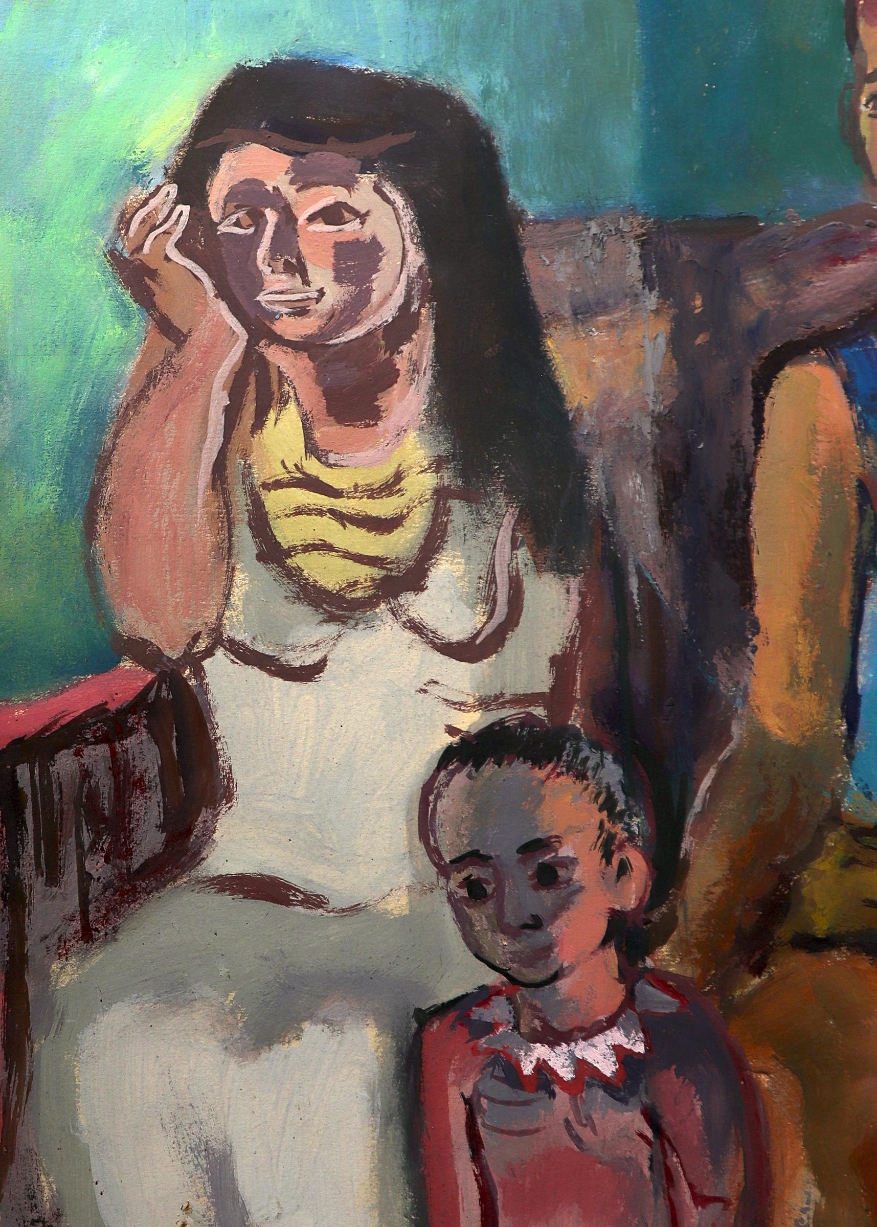 Ortez (Modernist Family Portrait), Abstracted Figural Group of Five, Interior  - Brown Abstract Painting by Lewis Tilley