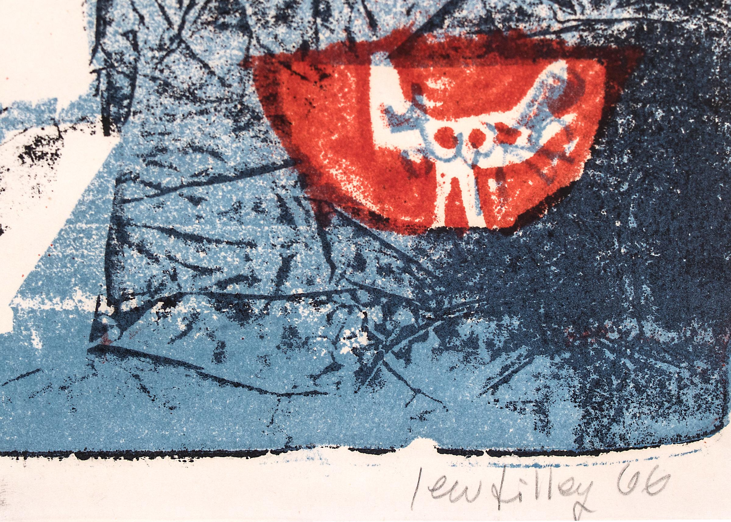 Stampa litografica colorata astratta modernista americana del 1960, firmata a matita - Figurative Print Grigio di Lewis Tilley