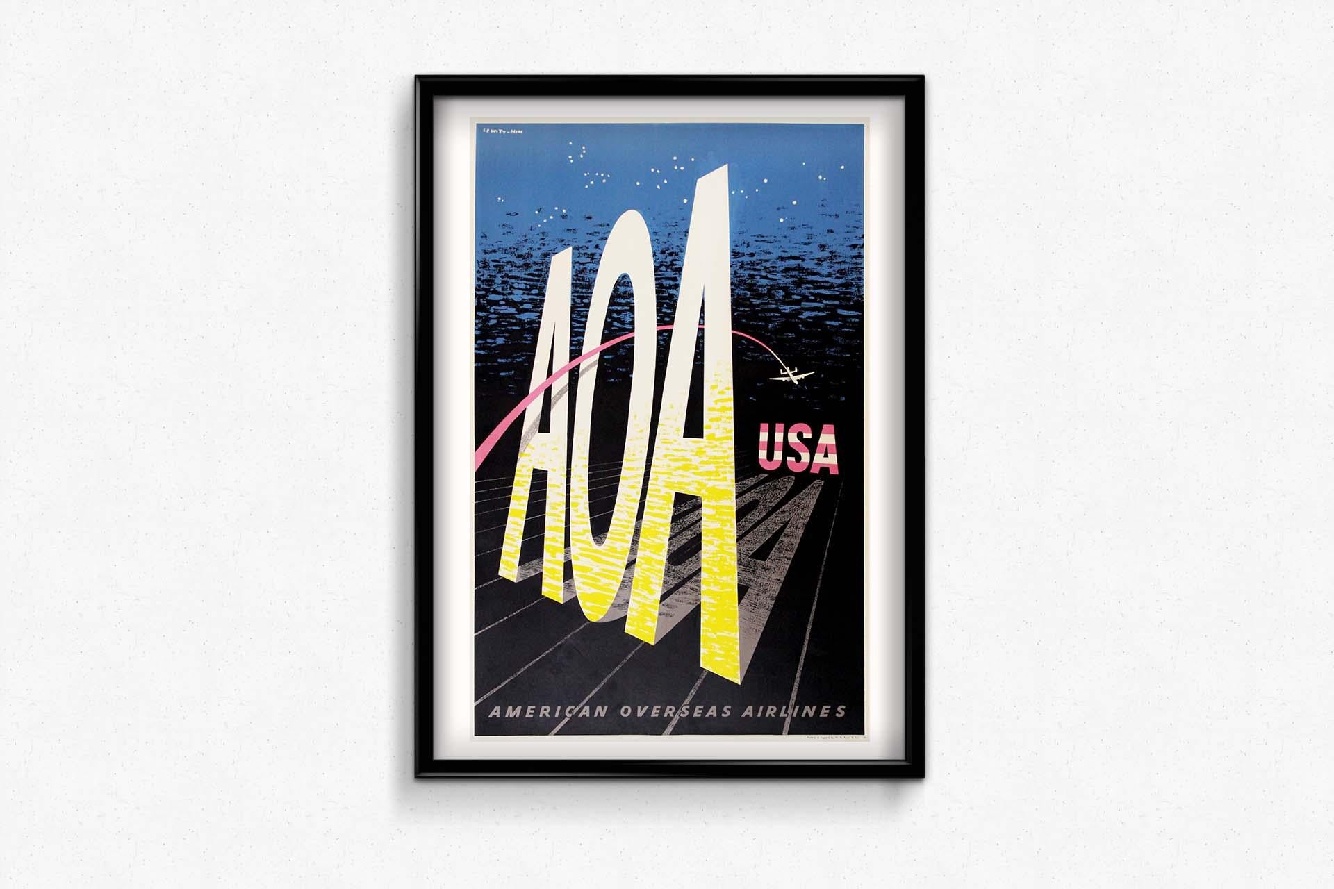 Das Originalplakat von Lewitt-Him für AOA (American Overseas Airlines) aus dem Jahr 1950 entführt Sie in die pulsierende Welt des amerikanischen Reisens. Dieses atemberaubende Vintage-Kunstwerk lädt Sie zu einer visuellen Reise durch die