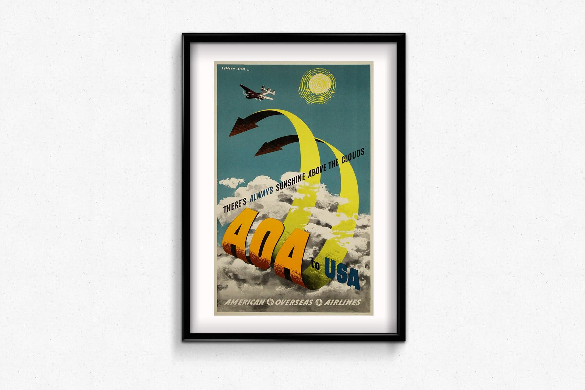 Cartel de viaje original de 1948 de Lewitt-Him - AOA a EE.UU. American Oversea Airlines en venta 1