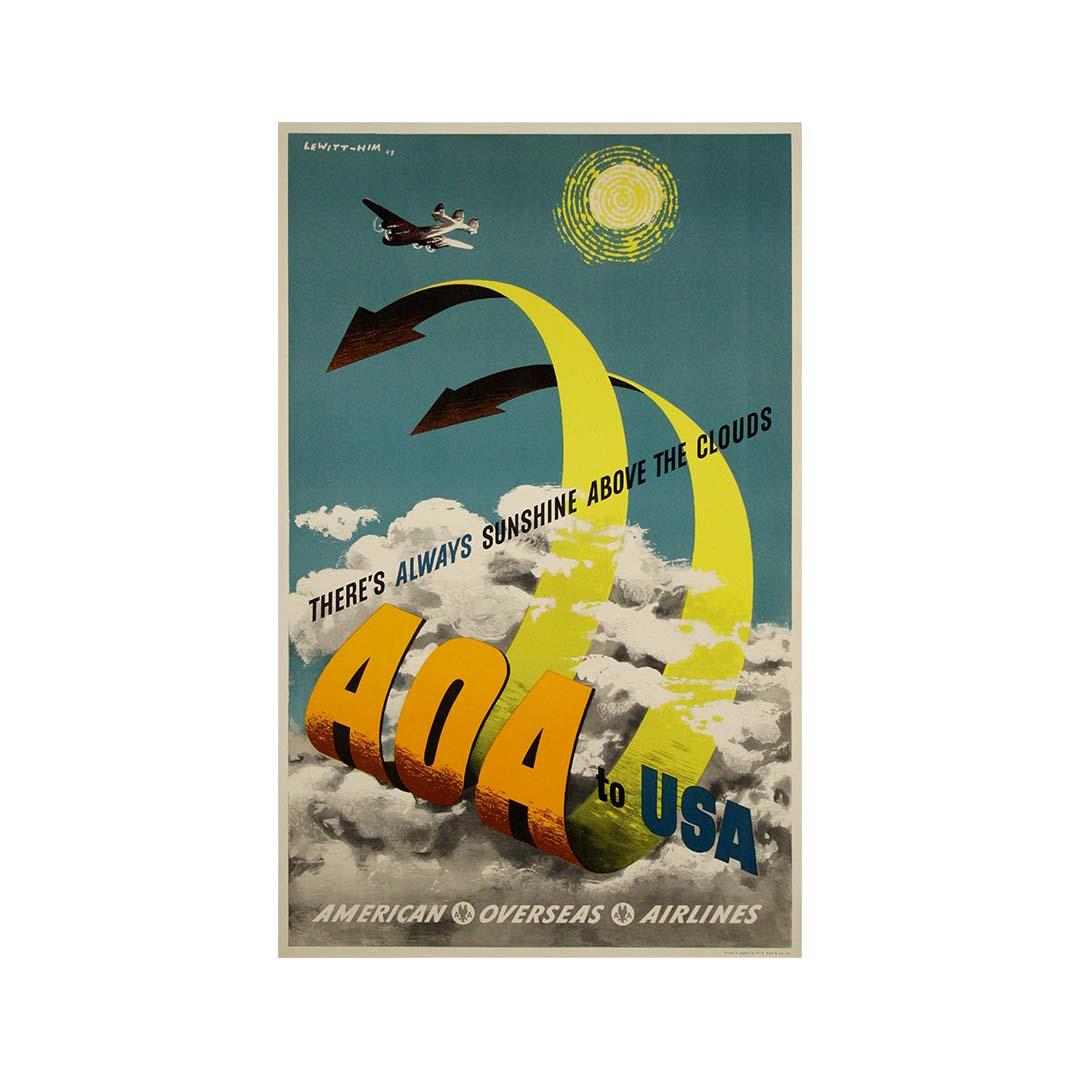 Cartel de viaje original de 1948 de Lewitt-Him - AOA a EE.UU. American Oversea Airlines en venta 3
