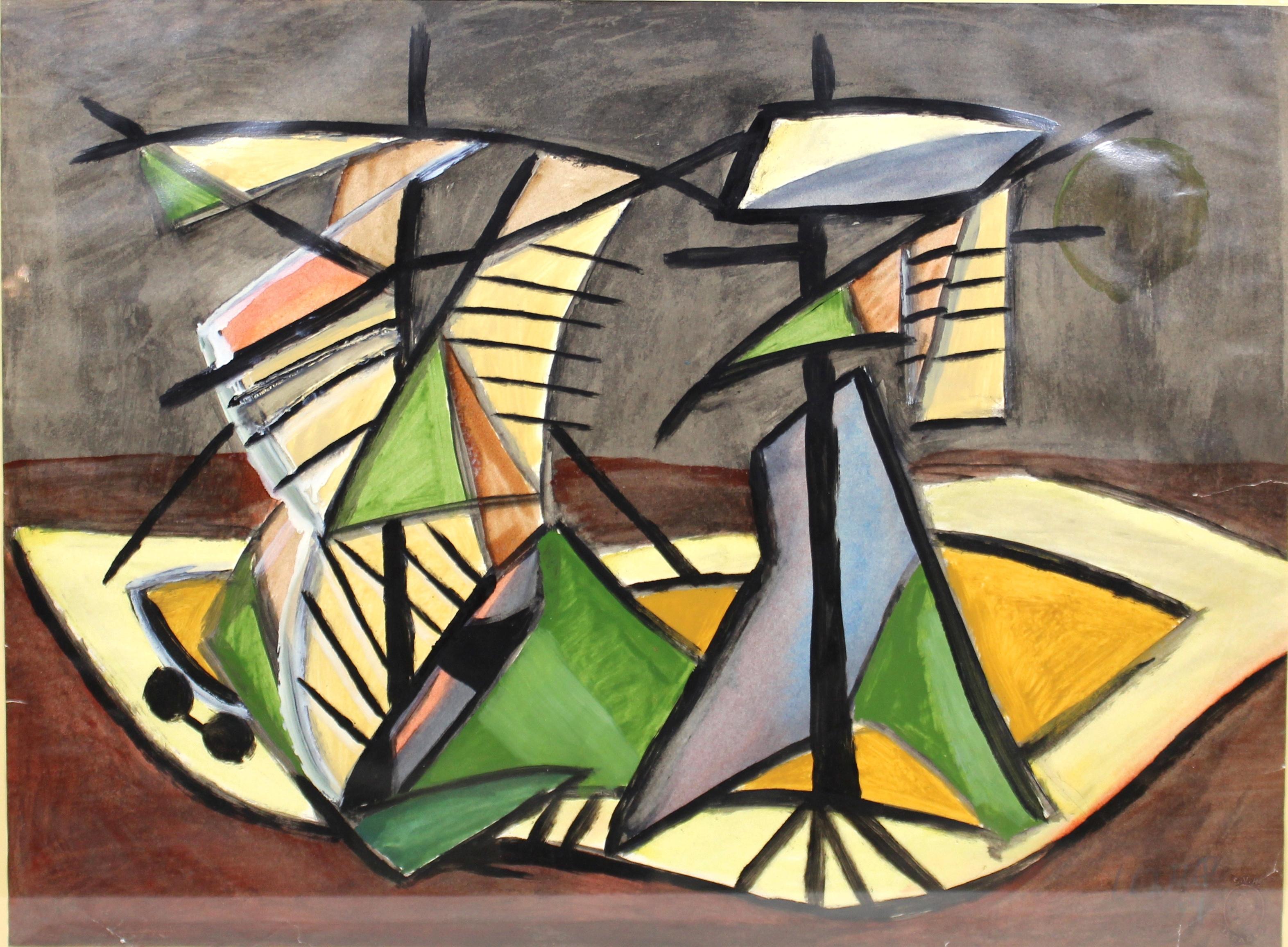 Dutch Mid-Century Modern abstract oil on artist paper still life painting, created by Lex Metz (Dutch, 1913-1986). Metz was a Dutch photographer, draftsman, graphic designer and illustrator who also taught at the New Art School in Amsterdam, the