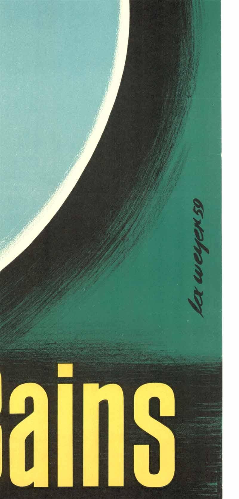 Original Mondorf-les-Baines-Lithographie des Künstlers Lex Weyer aus dem Jahr 1959.   Leinenrücken in sehr gutem bis ausgezeichnetem Zustand; rahmenfertig.    Großherzog von Luxemburg.  Lithografie.   Künstler Lex Weyer.

Mondorf les Bains ist ein