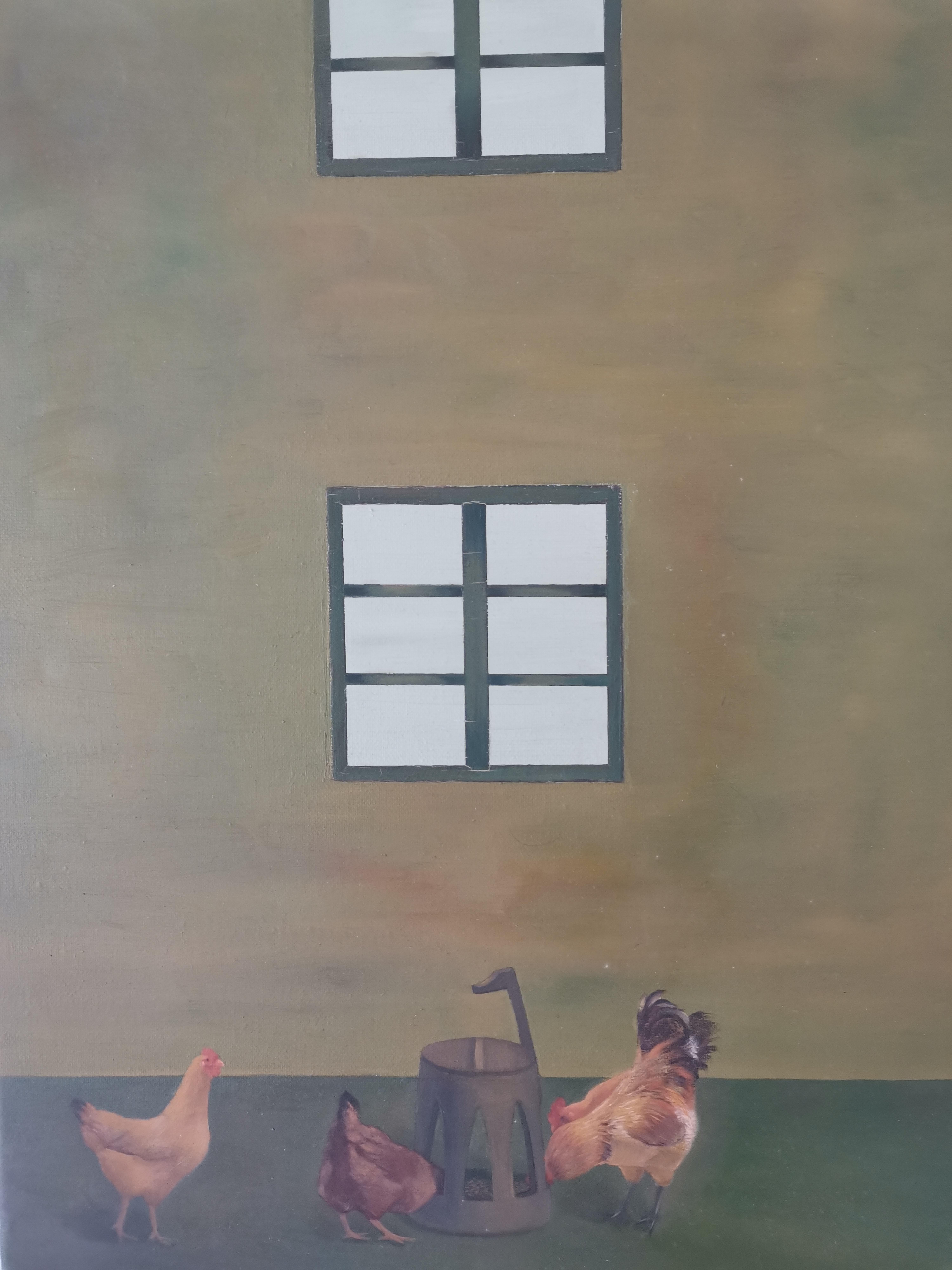 Zeitgenössische chinesische Kunst von Lexi Caiqin - Hühner füttern im Angebot 3