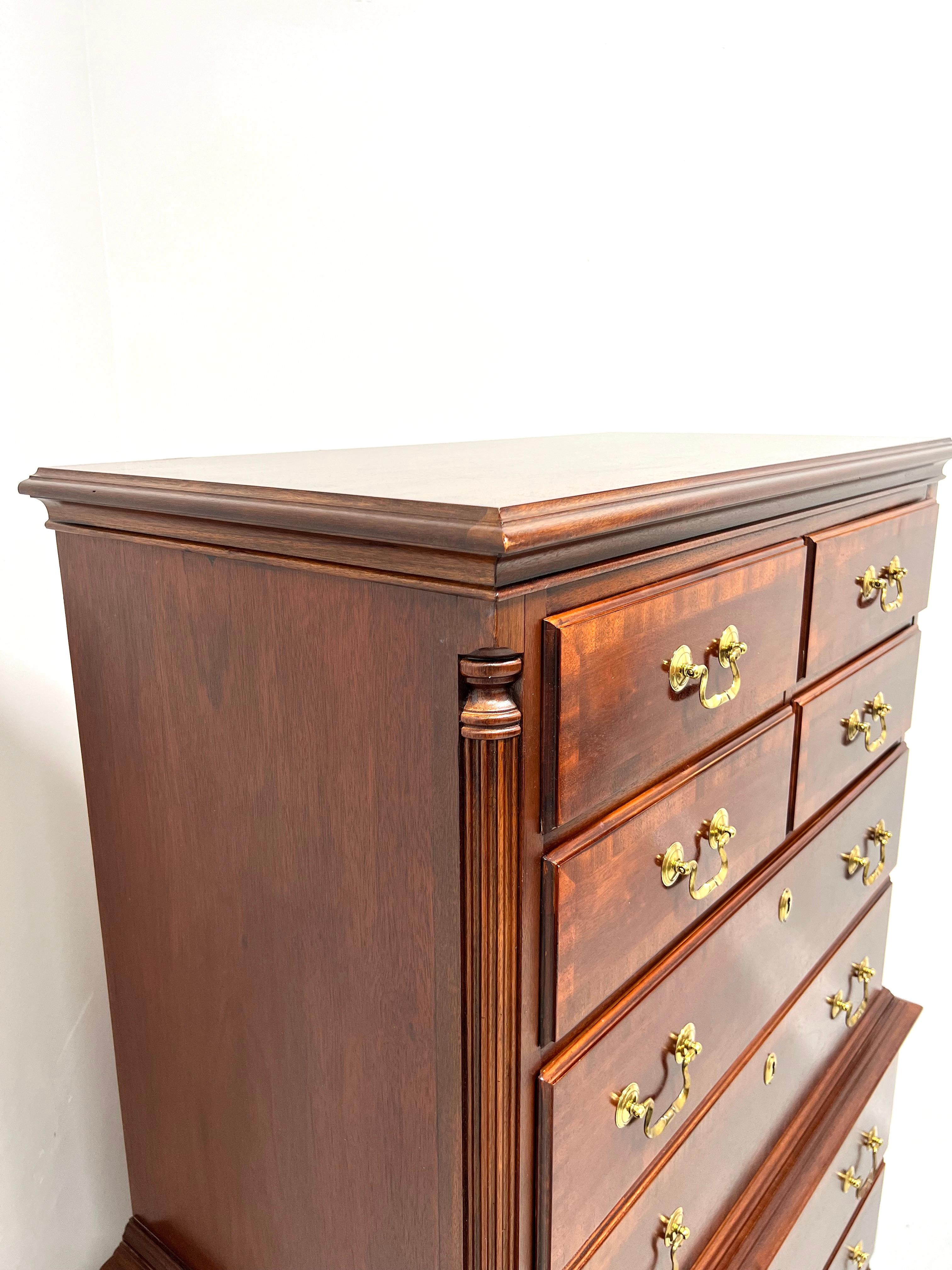 Brass LEXINGTON Banded Mahogany Chippendale Chest on Chest For Sale