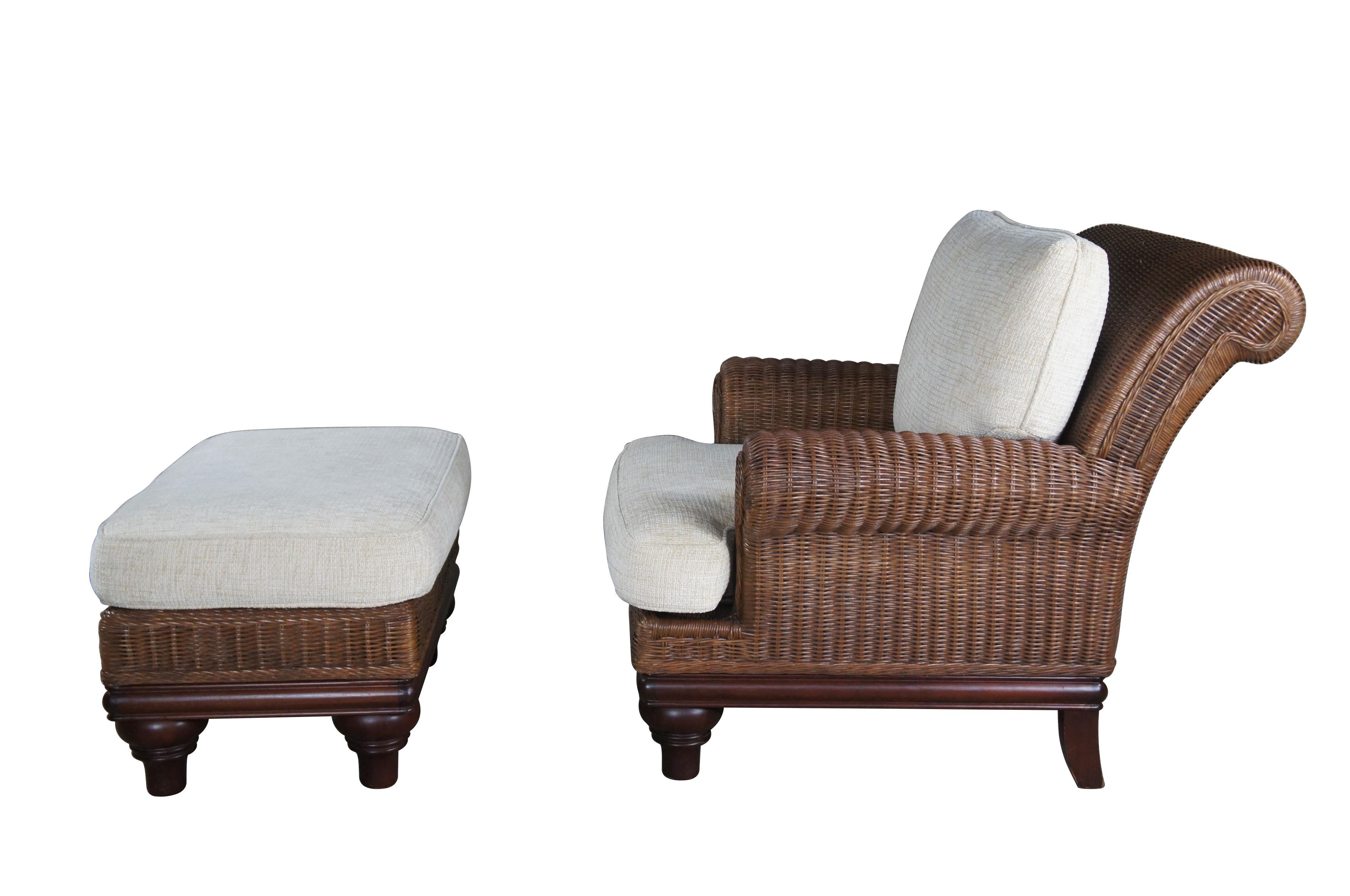 Vintage Lexington Casuals woven rattan armchair and ottoman. Inspired by British Colonial styling.  Features a sculptural frame with rolled arms beige cushions and a mahogany finished base.  Rests upon turned turnip feet.  

Dimensions:
39