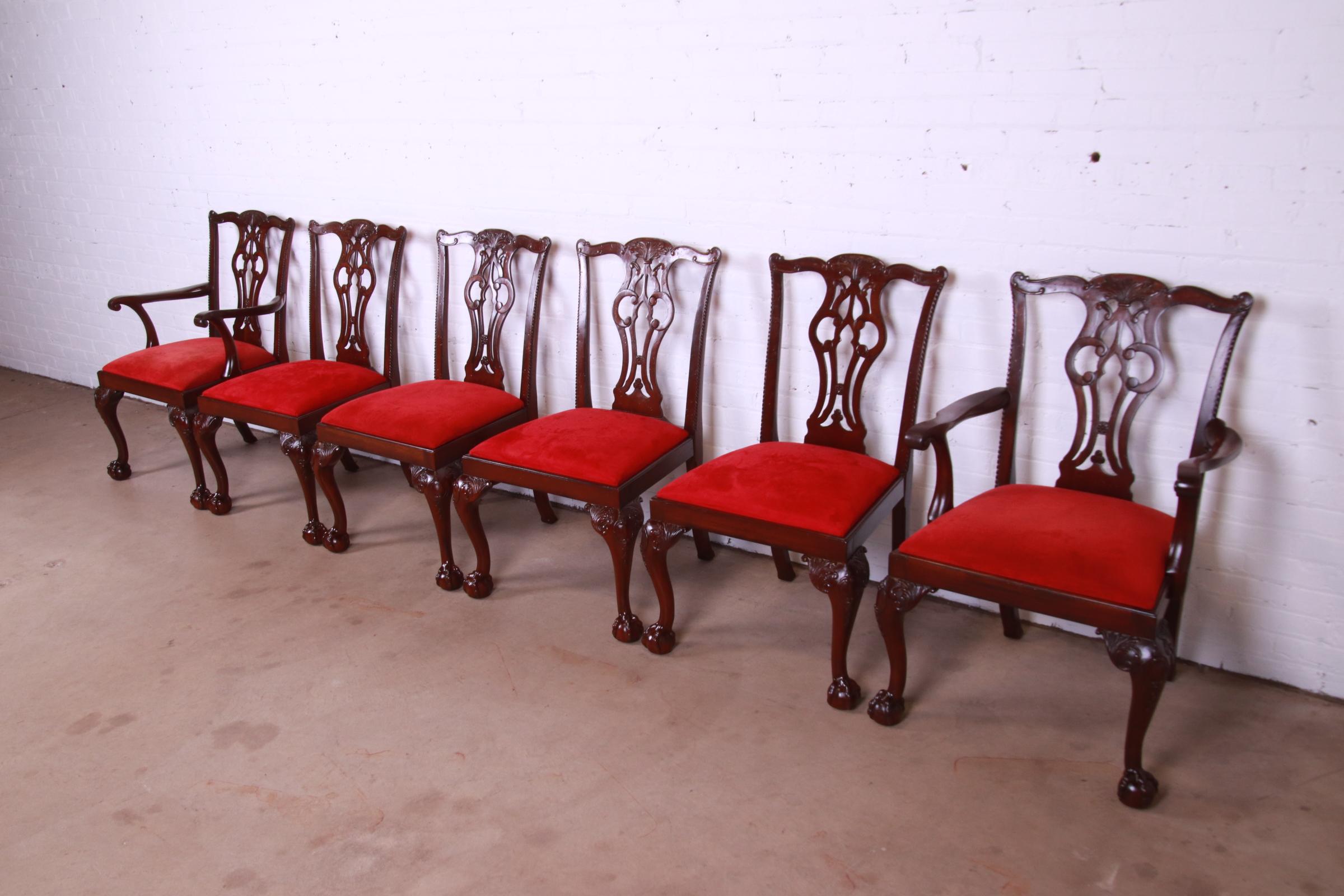 American Lexington Furniture Chippendale Carved Mahogany Dining Chairs, Set of Six