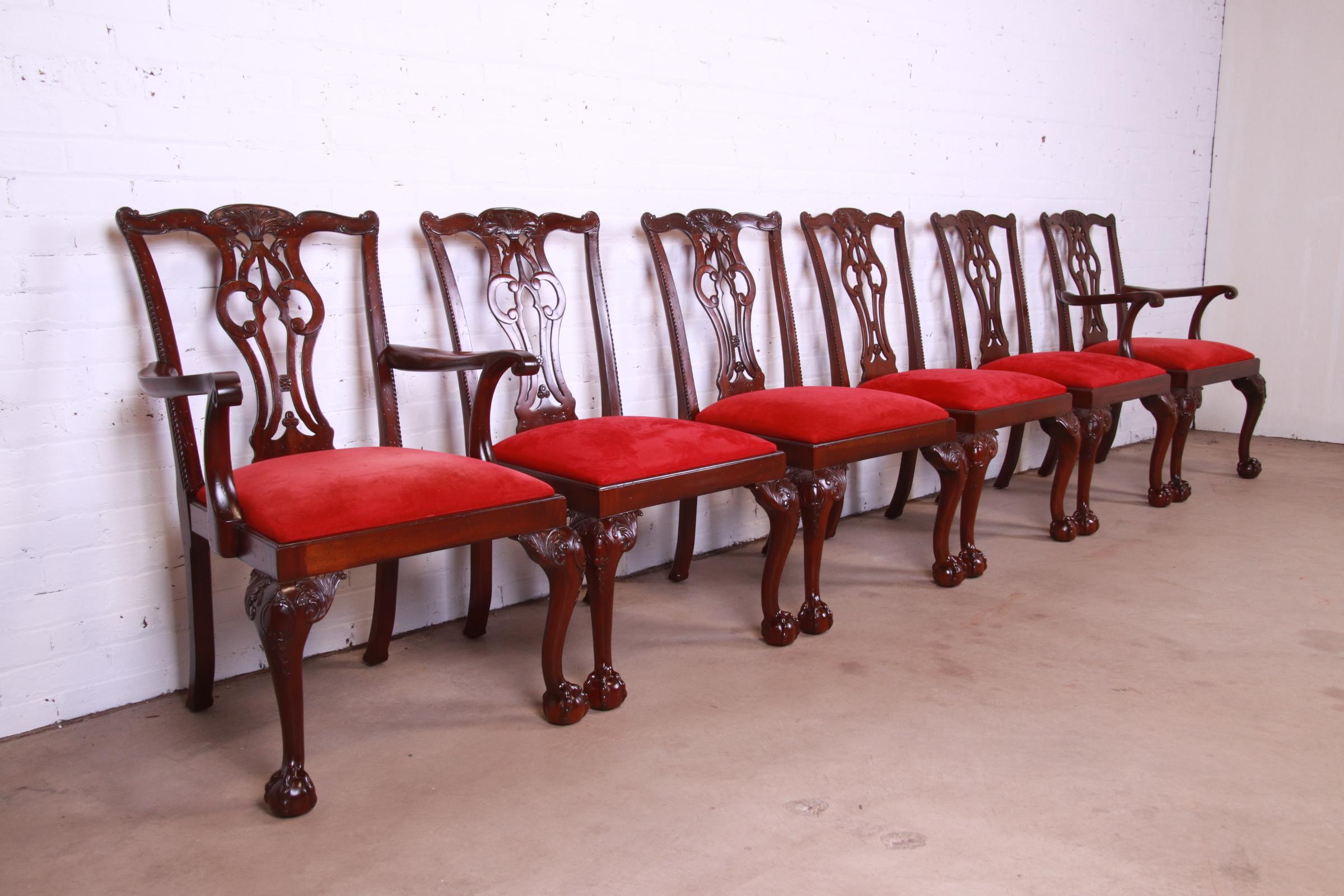 Velvet Lexington Furniture Chippendale Carved Mahogany Dining Chairs, Set of Six