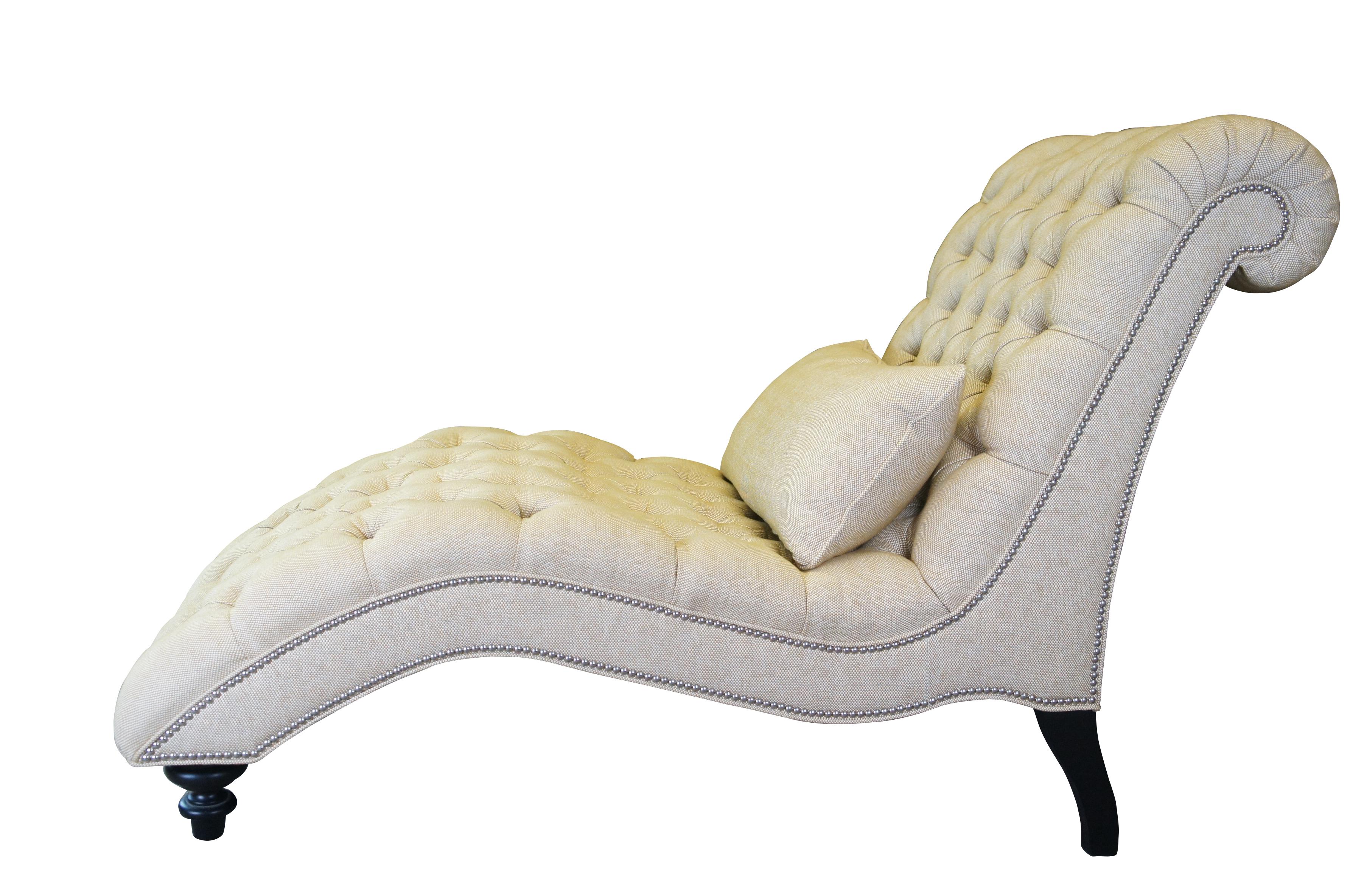 Lexington Upholstery by Lexington Althena Chaise Lounge, ITEM #: 7802-75. Features a traditional form with rolled back, tufted seat and silver nail head trim over turned legs.  Upholstered in beige with 27 x 15